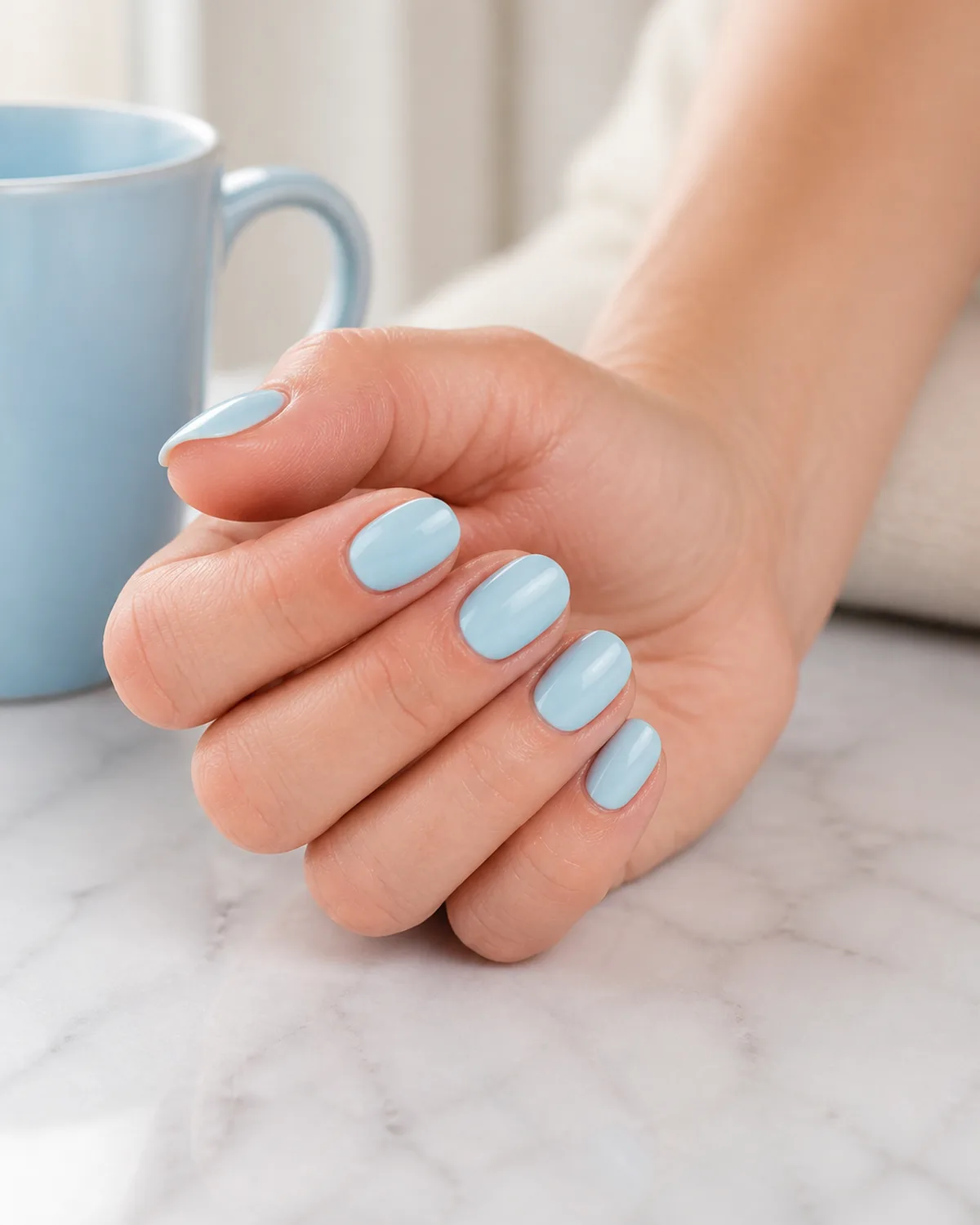 Single hand with classic baby blue pastel nails on short almond shape resting on its side beside a pale blue ceramic mug on white marble