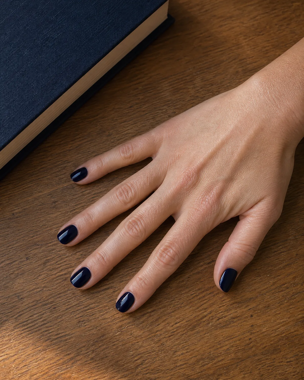 Single hand with deep navy blue nails on short almond shape lying flat beside a hardcover book on a warm wooden desk