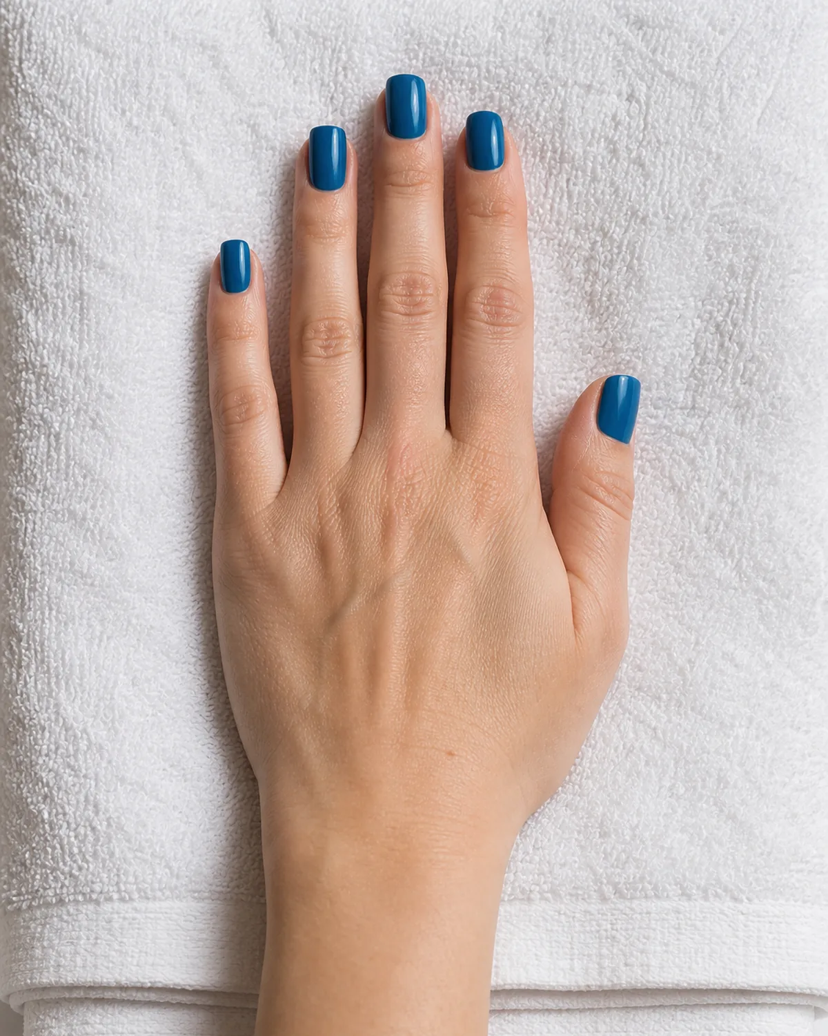 Single hand with ocean blue nails with faint teal undertone on squoval shape lying flat on a folded white towel