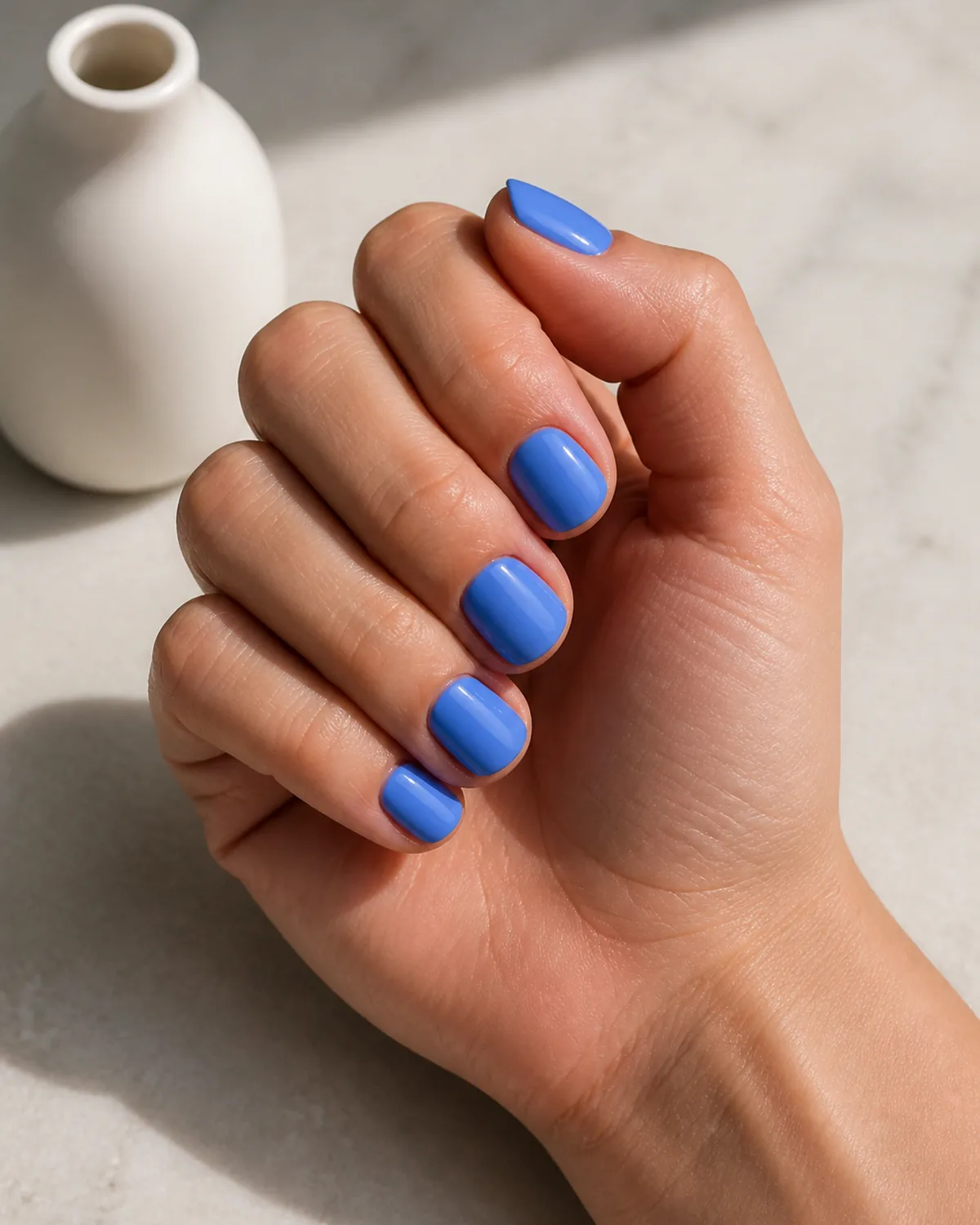Single hand in a relaxed fist with cornflower blue nails on short round shape beside a white ceramic vase