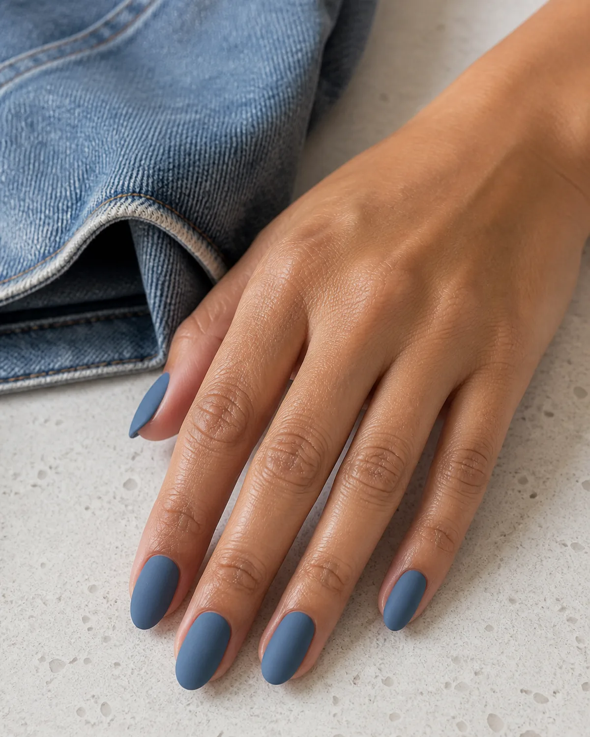 Single hand with matte denim blue nails on almond shape resting on a white countertop near a folded raw denim jacket