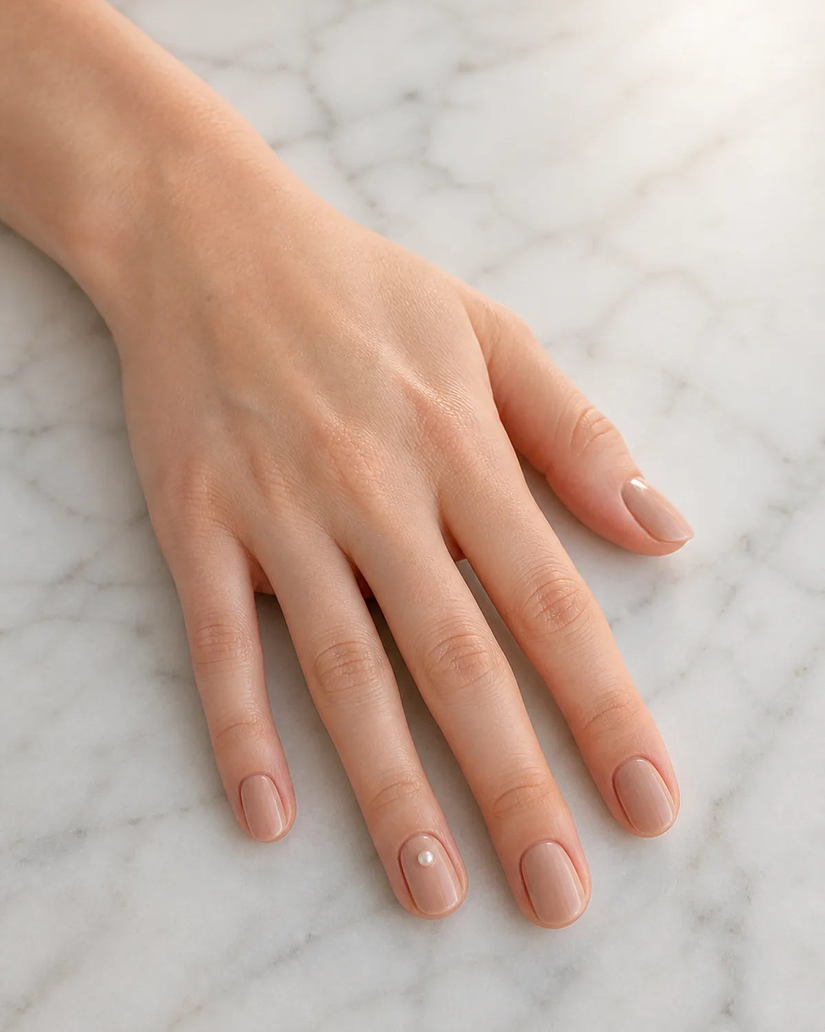 Single left hand with warm nude gel nails and a small pearl stud on the ring finger palm down on white marble slab
