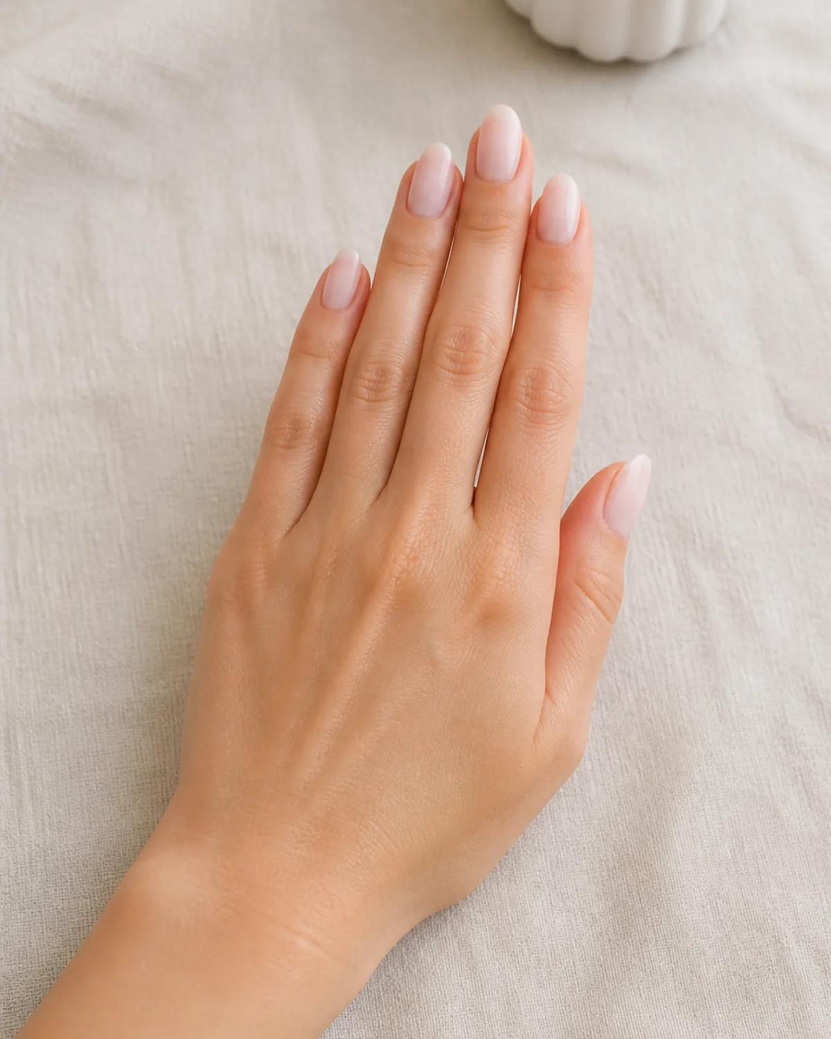Single left hand with blush-to-ivory ombre gradient nails on medium oval shape palm down on cream linen tablecloth
