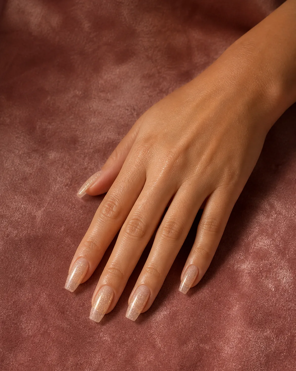 Single right hand with champagne gold micro-glitter nails on medium coffin shape palm down on dusty rose velvet surface