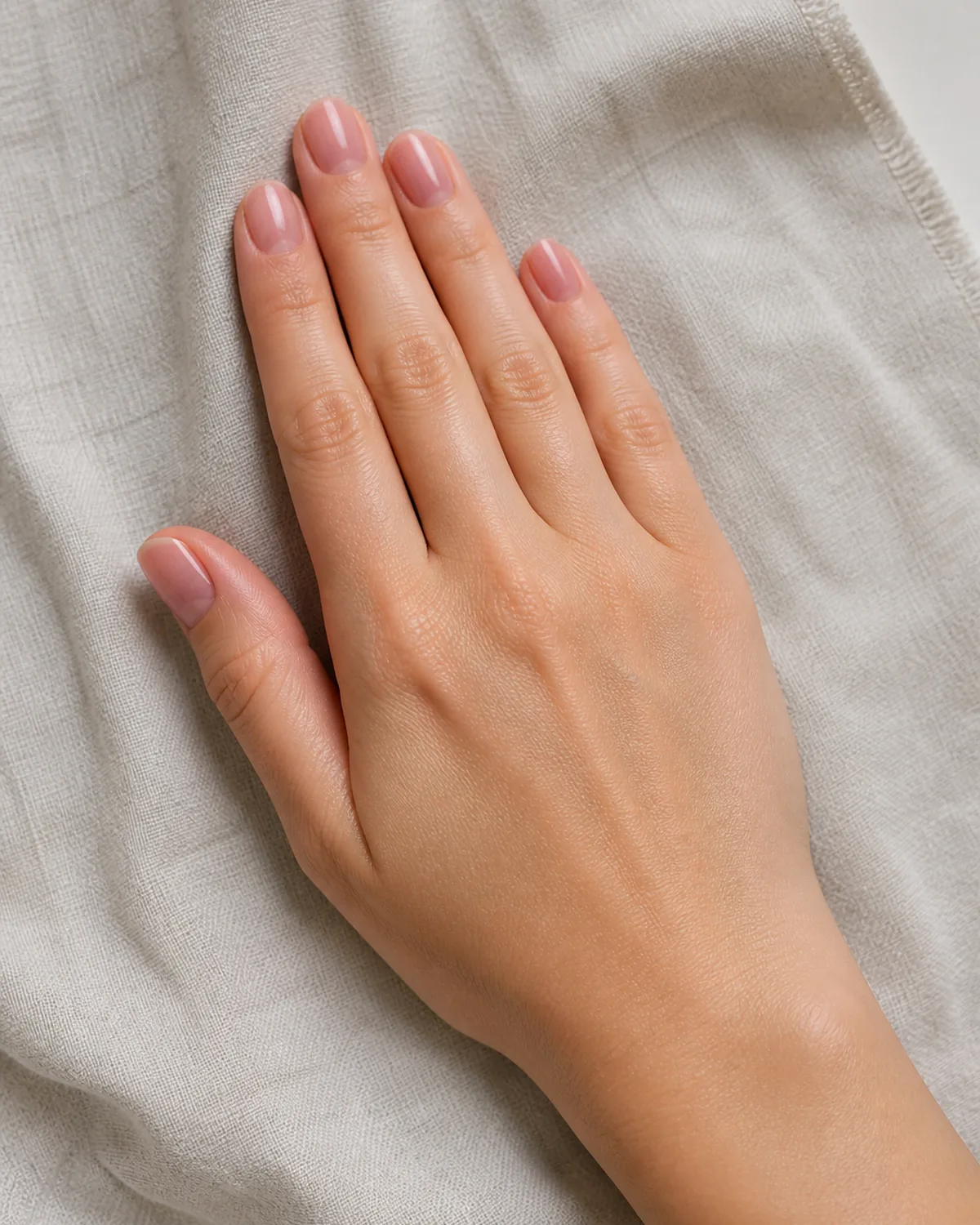 Single left hand with rosy jelly polish showing translucent depth on short round nails palm down on light gray linen napkin