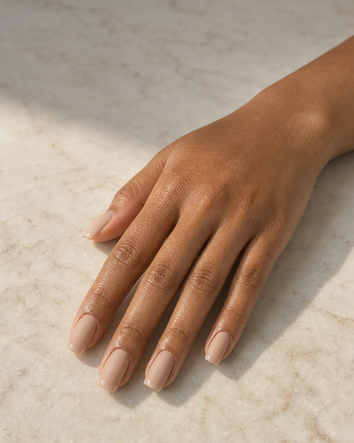 Single right hand with matte warm nude nails and thin glossy tip line on medium square shape palm down on cream marble countertop