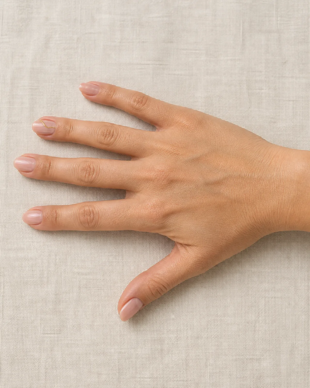 Single right hand with sheer warm blush nails and olive-gold vine detail on ring finger on short almond shape palm down on off-white textured linen