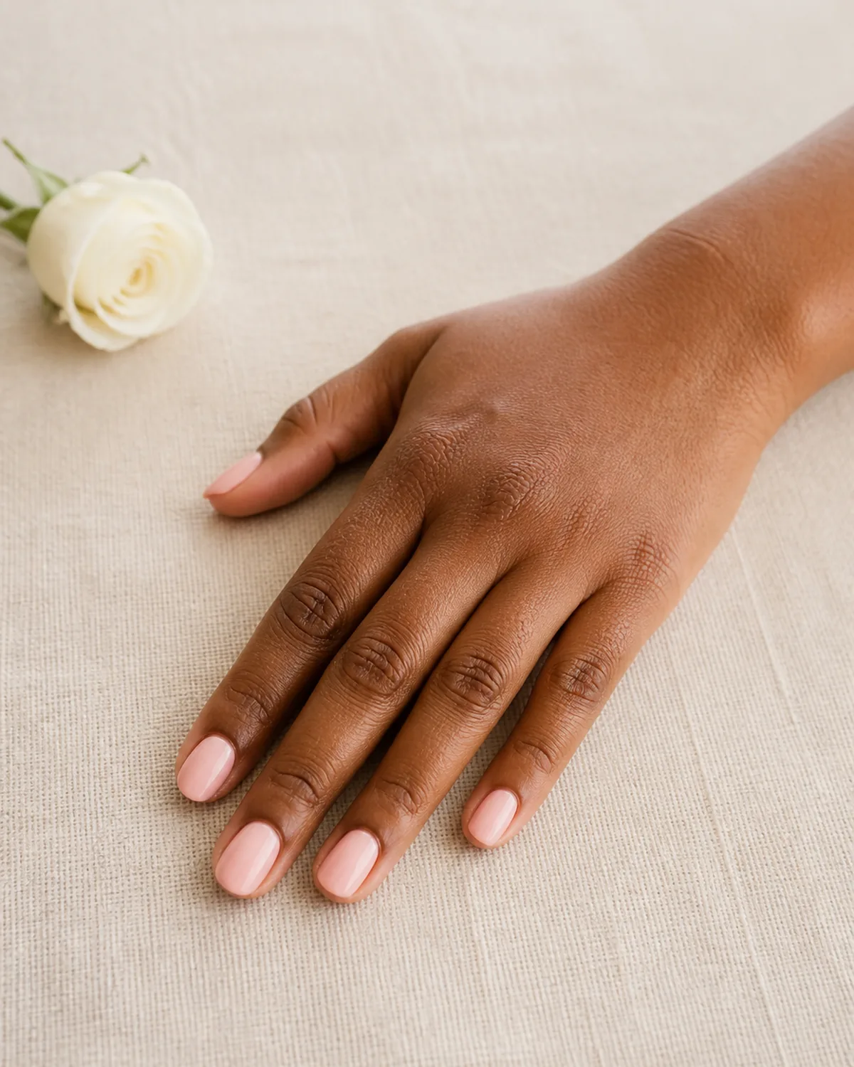 Single hand with soft blush pink polish on medium oval nails palm down on cream linen tablecloth beside a white tea rose