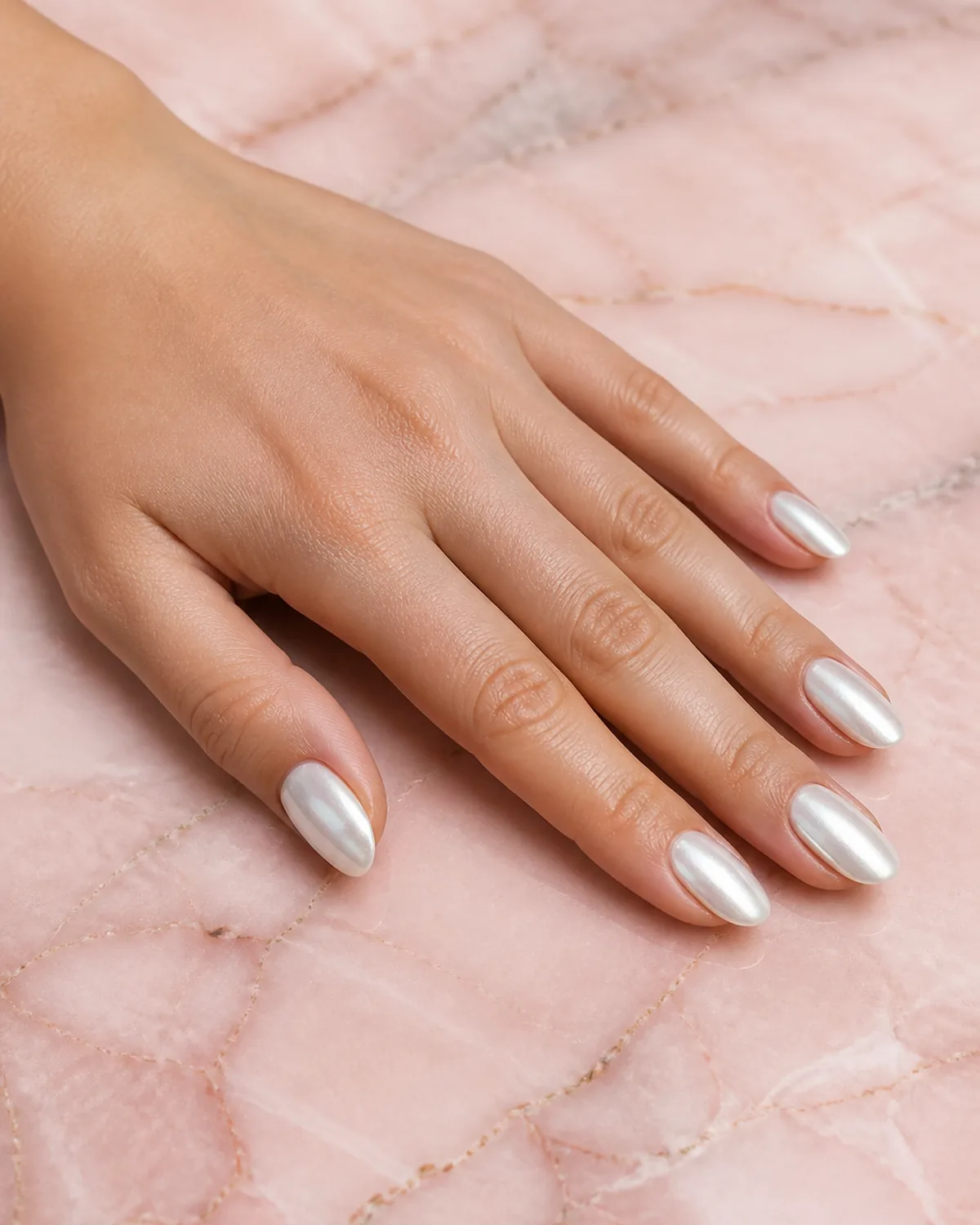 Single hand with white chrome mirror finish on medium almond nails resting on blush marble surface