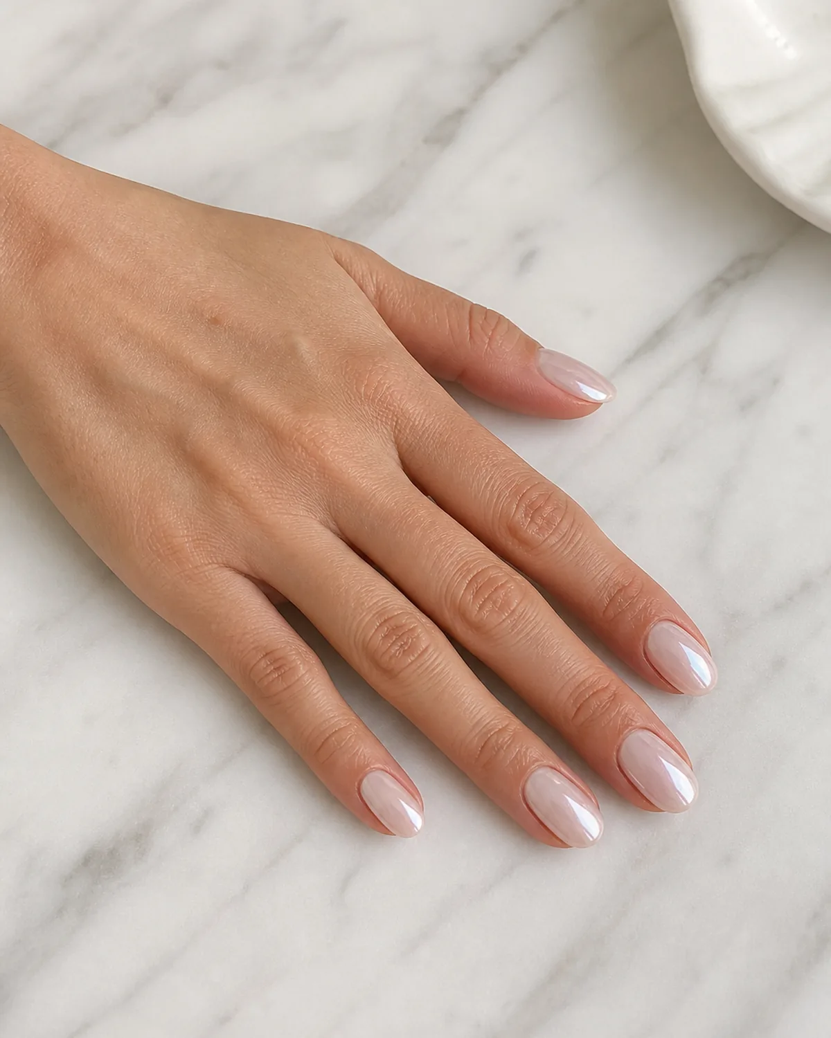 Single hand with sheer milky glazed donut chrome finish on medium oval nails palm down on white marble near ceramic dish edge