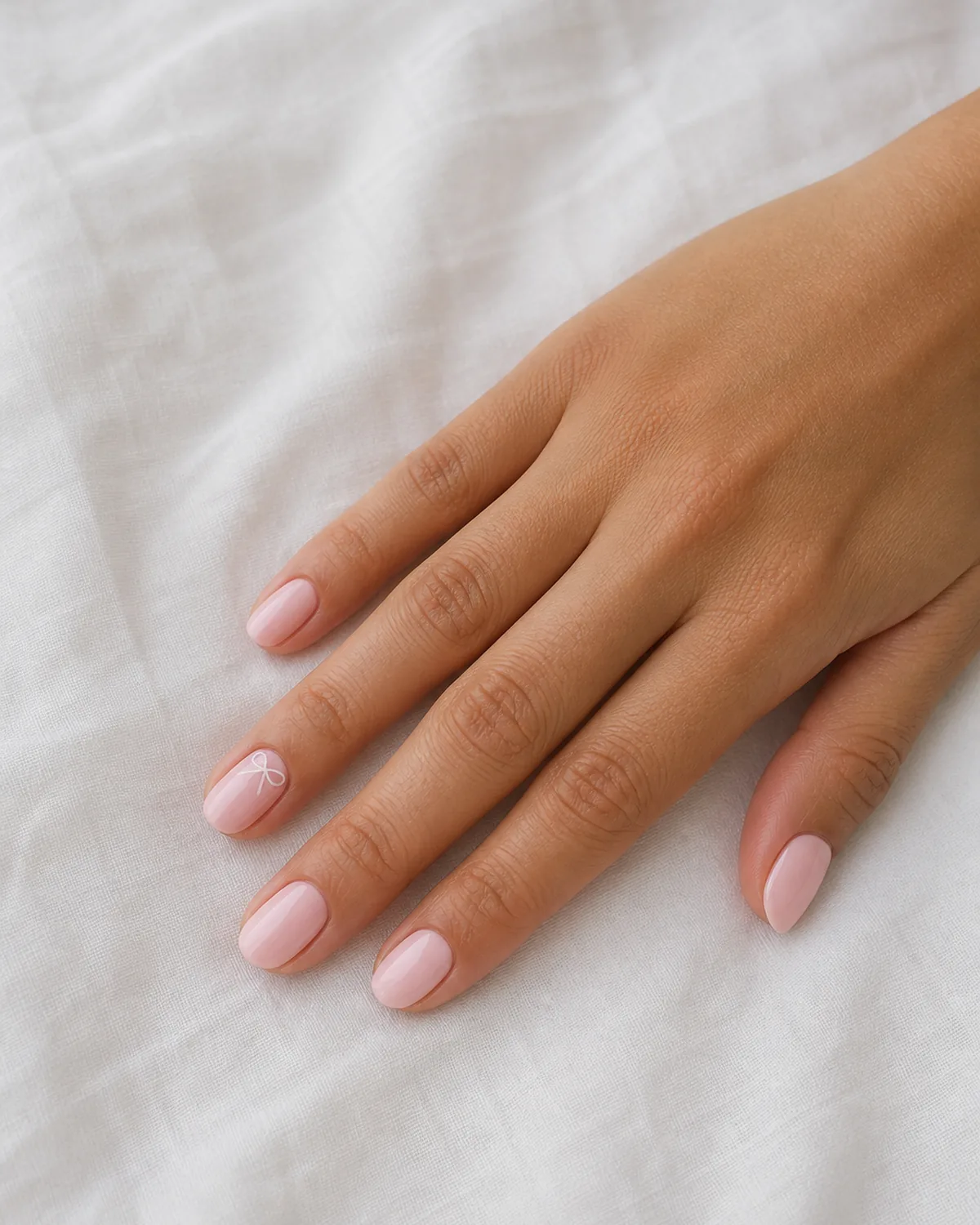 Single hand with soft baby pink polish on short almond nails with tiny white bow accent on ring finger on white linen