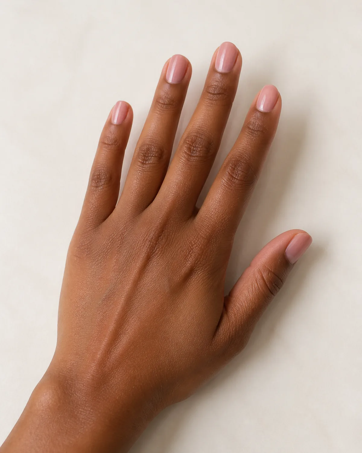 Single hand with transparent sheer pink jelly finish on short round nails palm down on smooth cream surface