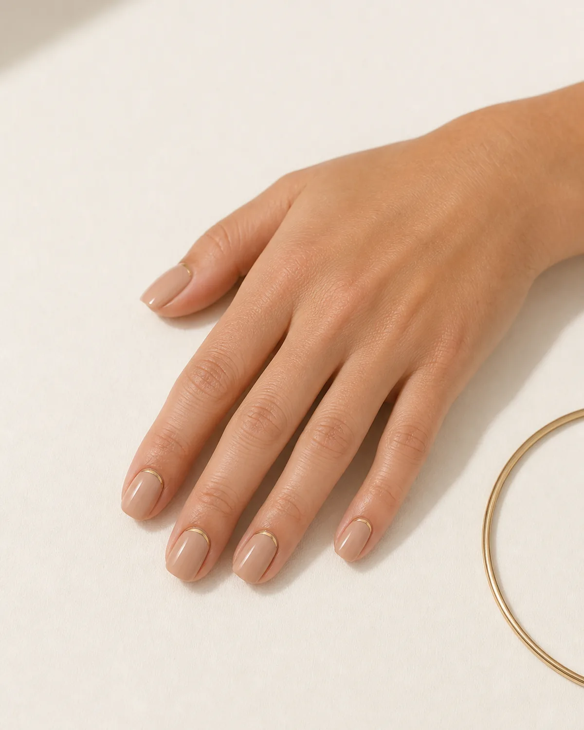 Single hand with warm nude polish and thin gold metallic arc at cuticle line on squoval nails on ivory card stock near gold bangle