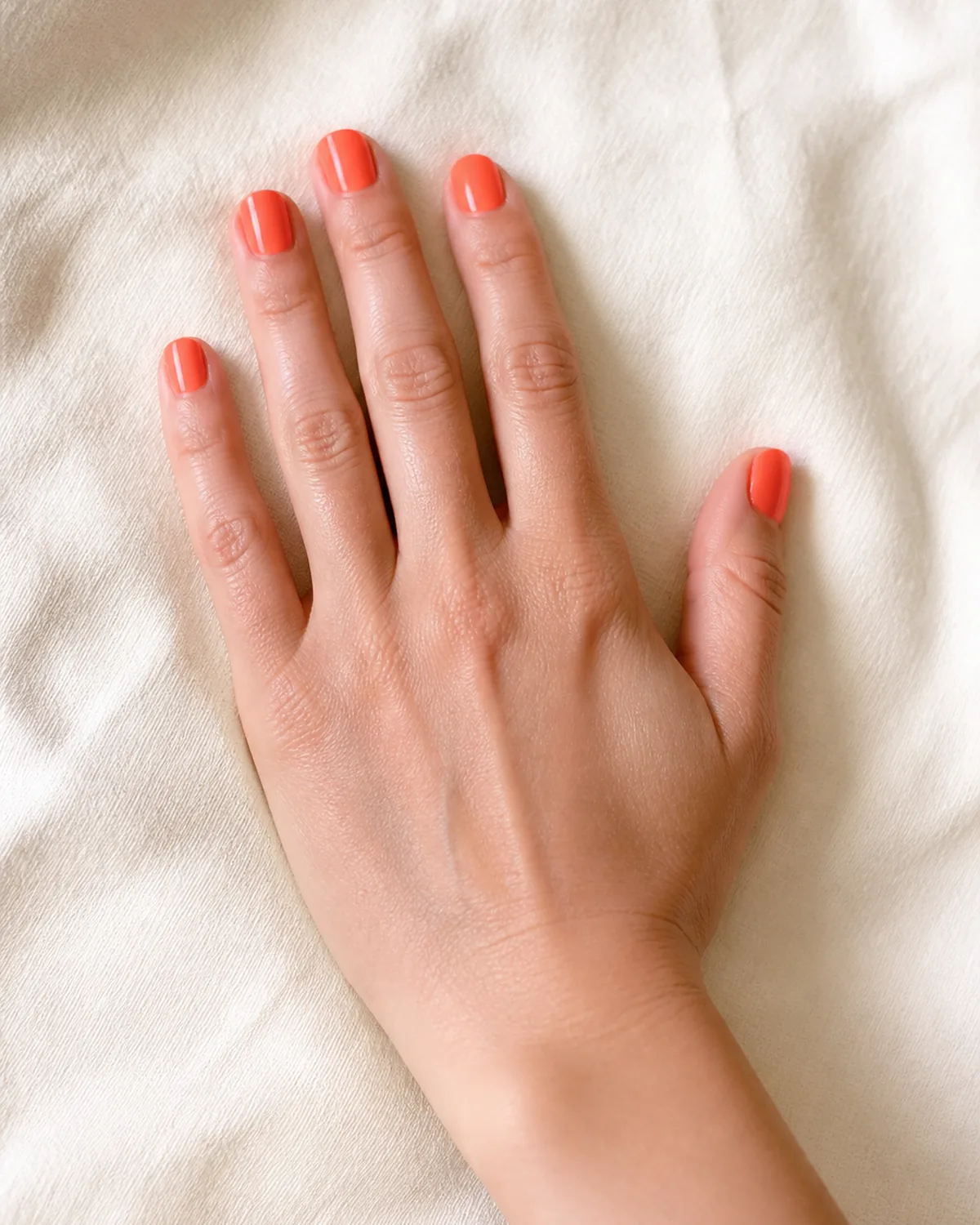 Single hand with bright warm coral polish on short square nails palm down on cream cotton textile