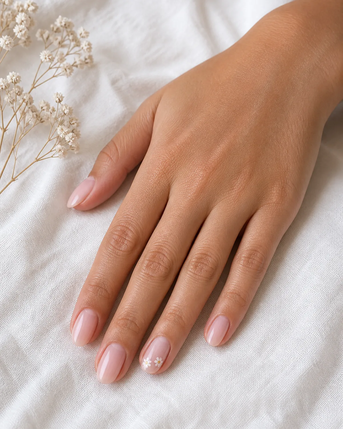 Single hand with sheer soft pink polish and two tiny white daisies on ring finger near tip on white linen beside dried baby's breath sprig