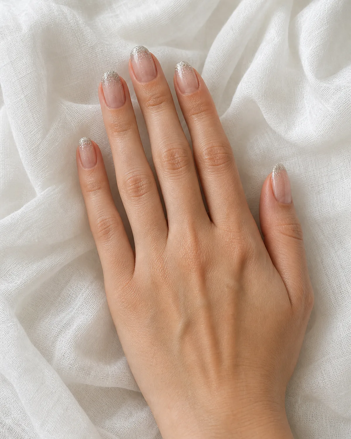 Single hand with sheer nude base and fine silver micro glitter concentrated at free edge tips on medium oval nails on white gauze