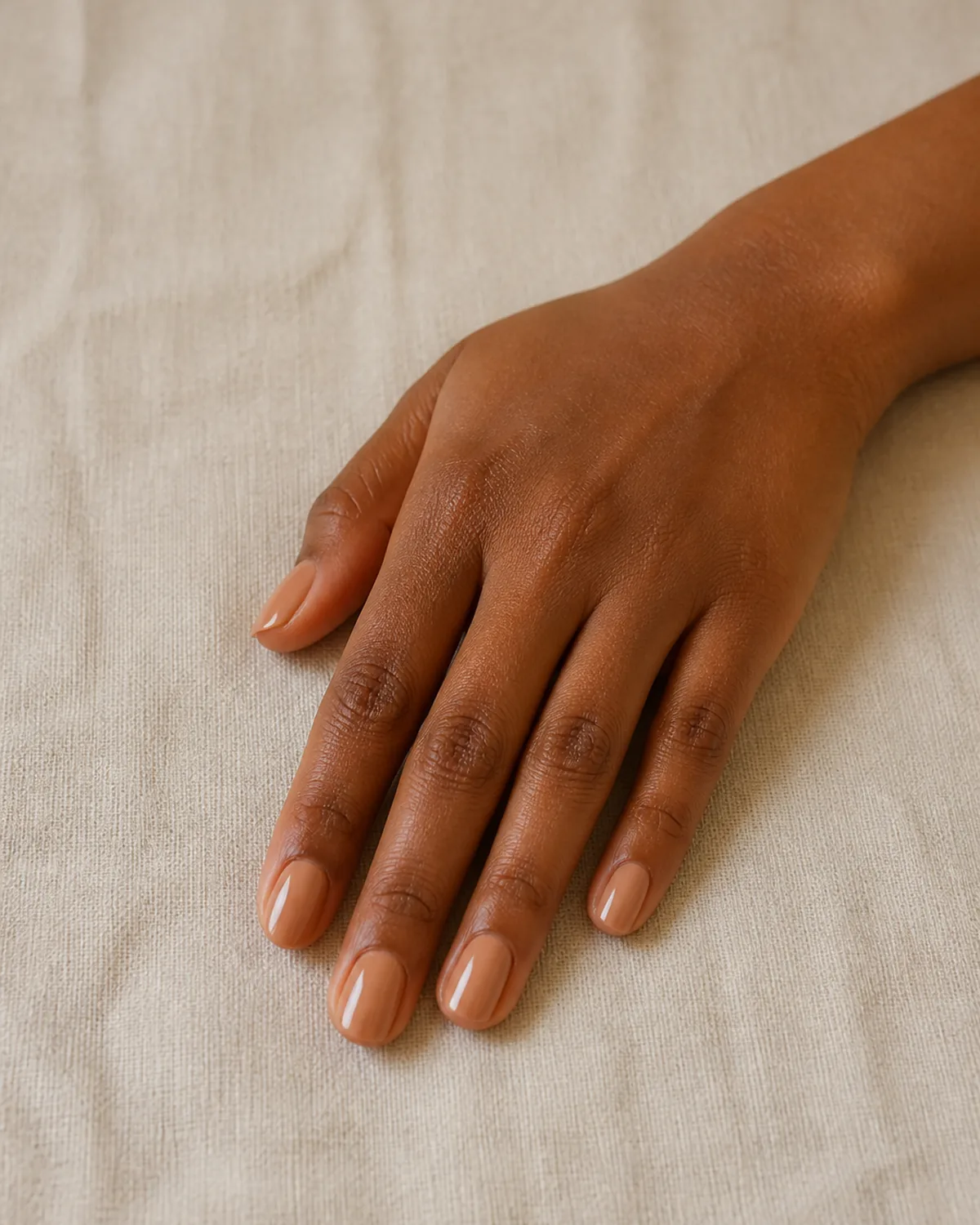 Single hand with clean warm nude polish and wet-look high-gloss topcoat on medium round nails on off-white linen tablecloth