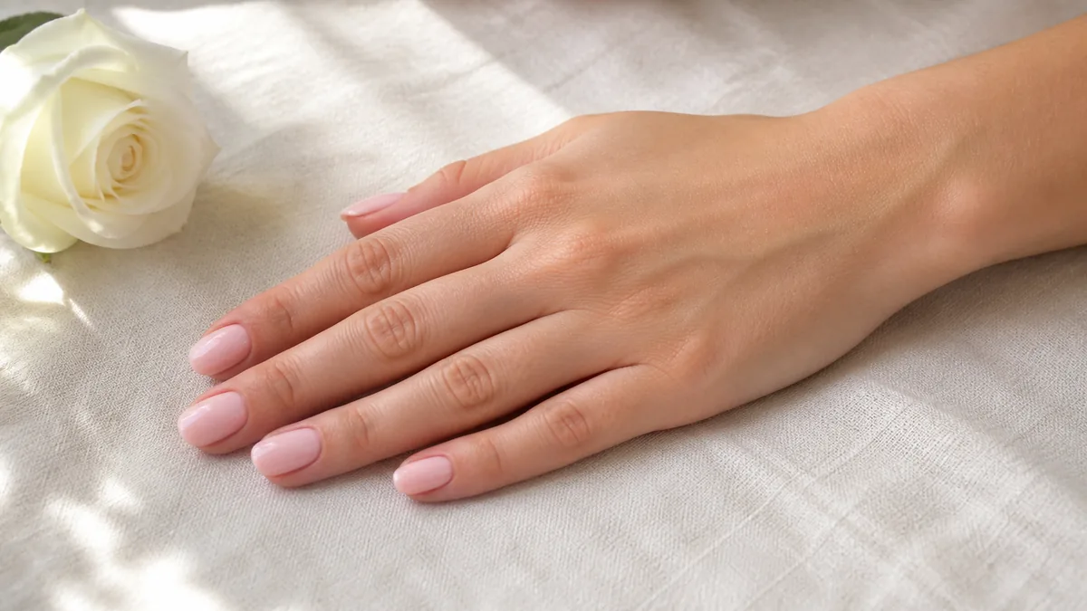 Single hand with soft blush pink polish on medium oval nails palm down on cream linen tablecloth beside a small white tea rose