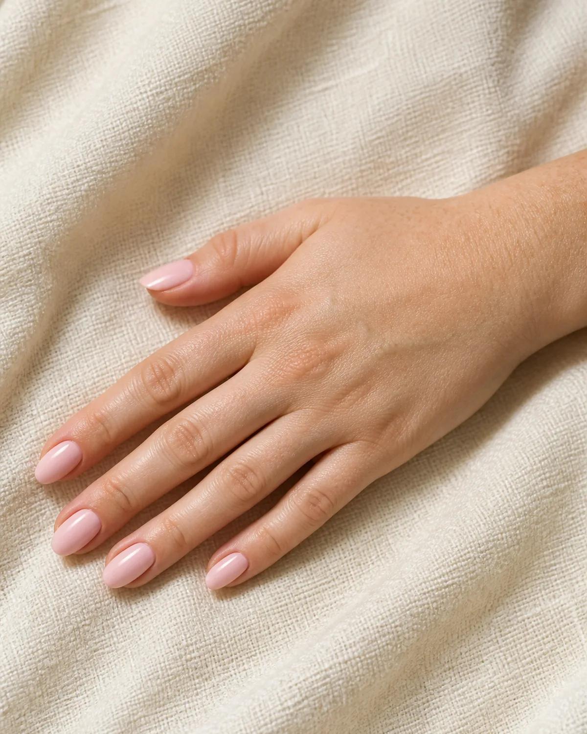 Single hand with warm soft blush pink polish on medium almond nails palm down on ivory woven fabric