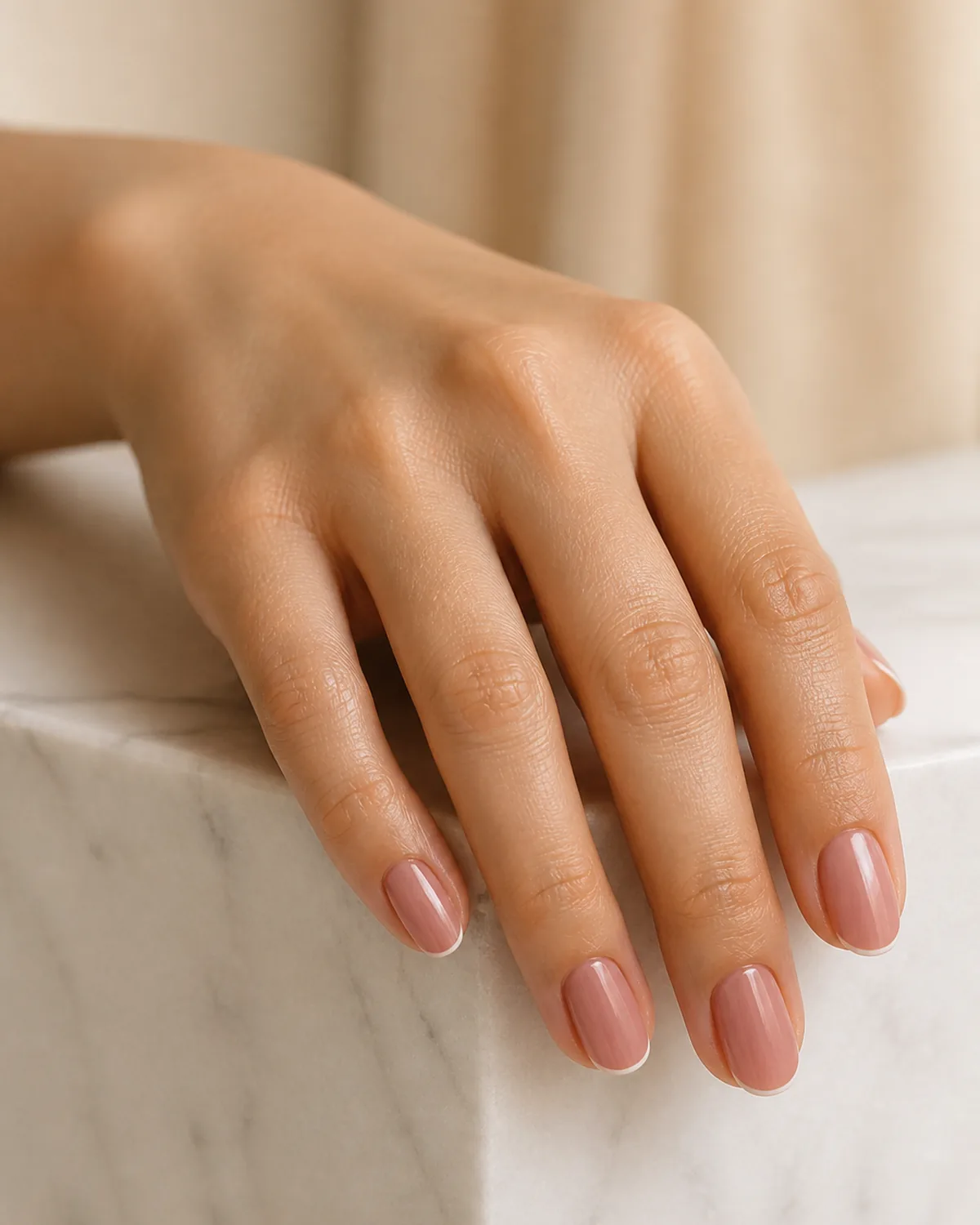 Single hand with muted dusty rose polish and barely-there white micro French tips on medium oval nails resting on white marble surface edge