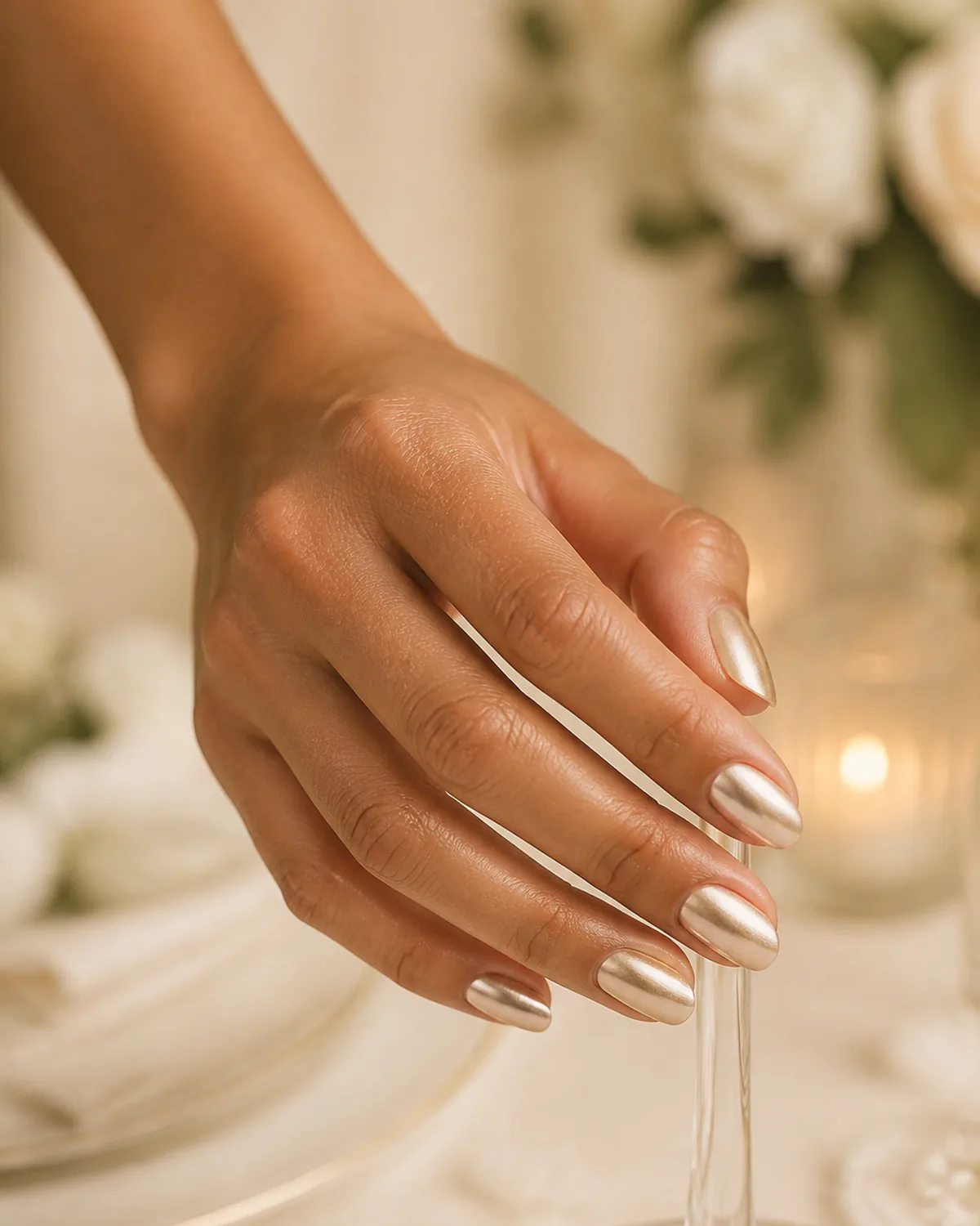 Single hand with soft gold champagne chrome finish on medium oval nails loosely holding thin champagne flute stem