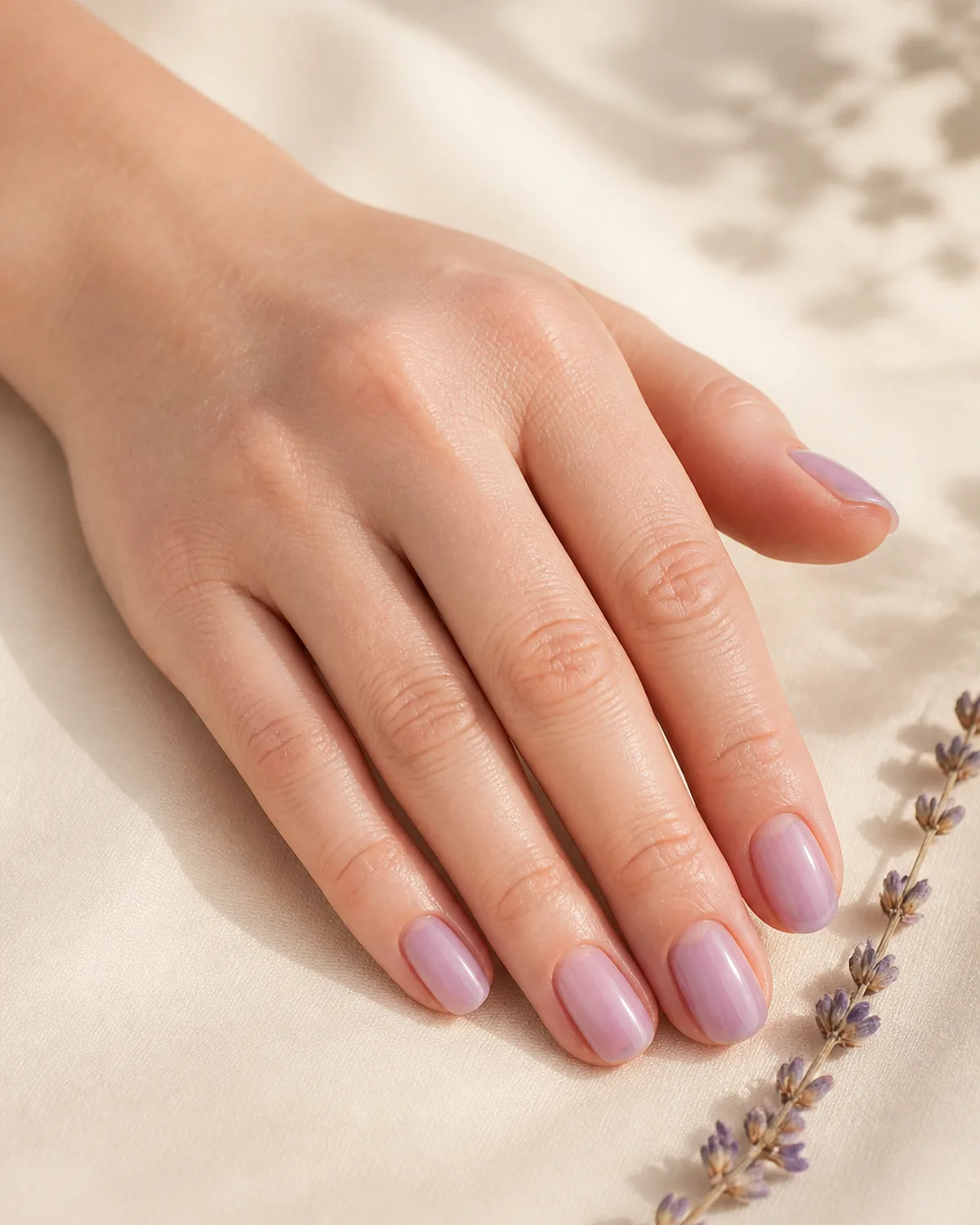 Single hand with sheer lavender glaze jelly finish on medium oval nails with fingers resting near dried lavender sprig on cream surface