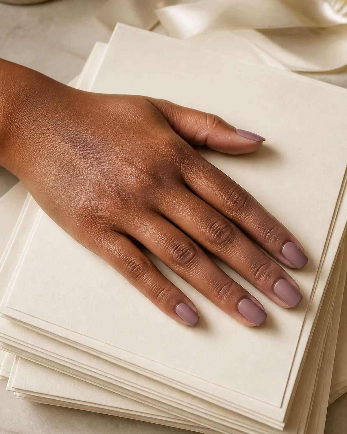Single hand with dusty mauve matte finish on medium squoval nails resting on stack of ivory invitation cards on cream surface