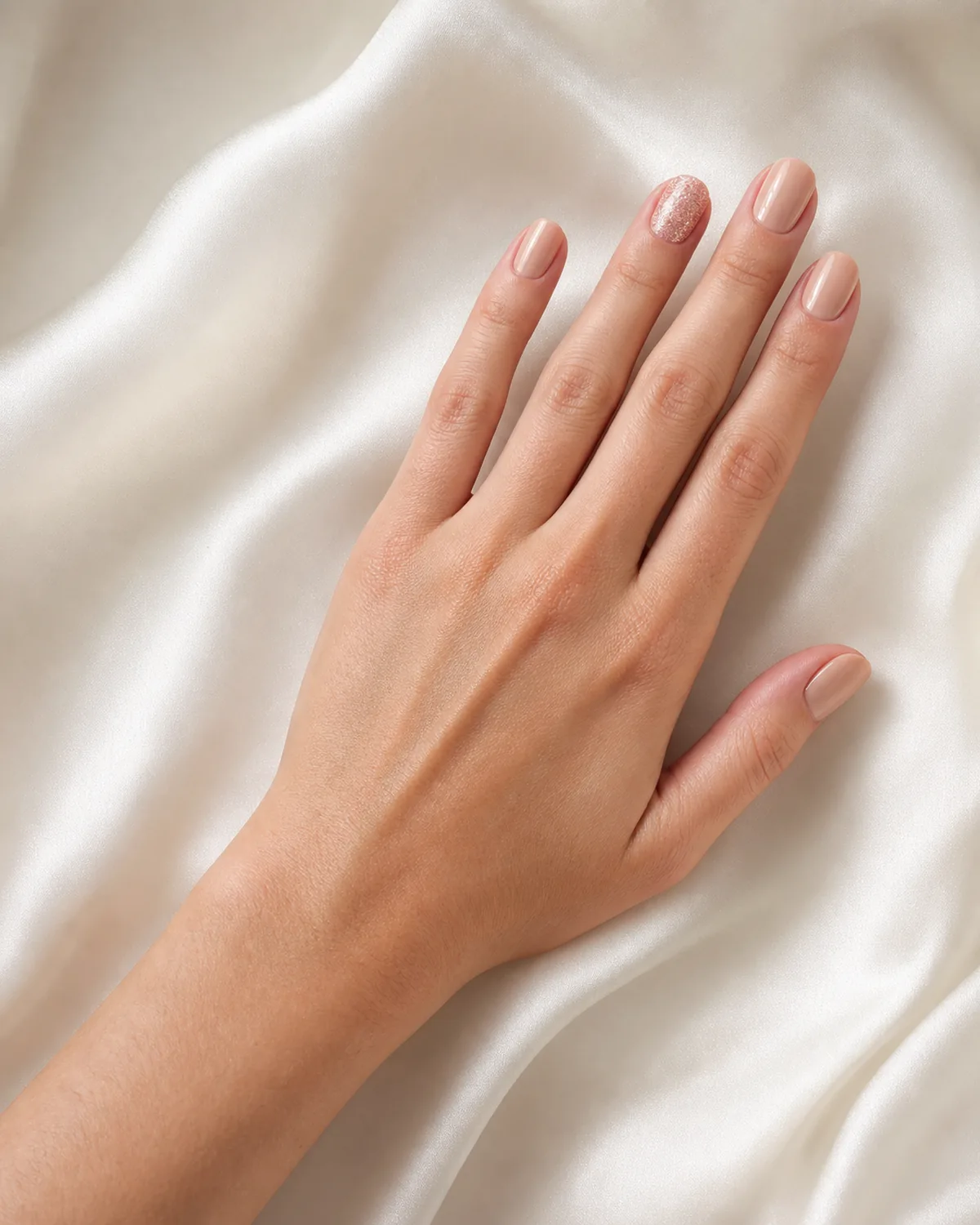 Single hand with nude polish on nine nails and rose gold micro glitter on ring finger accent nail angled diagonally on ivory silk fabric