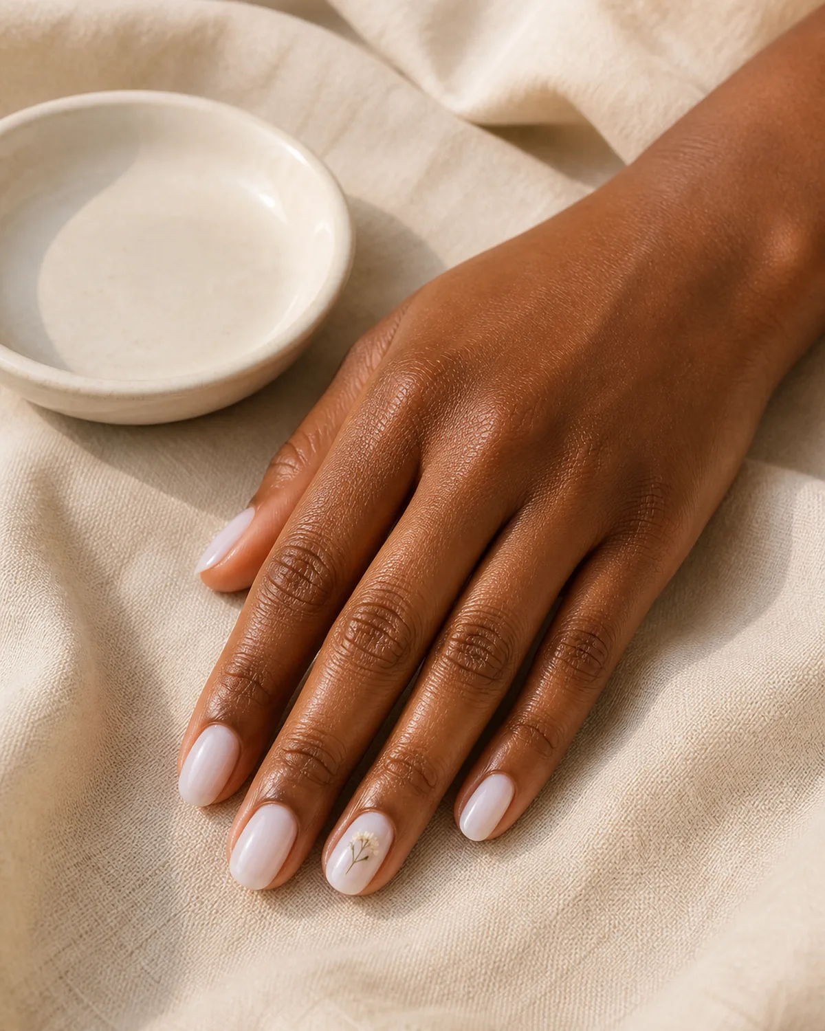 Single hand with milky sheer white polish on medium oval nails with tiny pressed dried flower decal on ring finger accent nail near small white ceramic dish on cream tablecloth