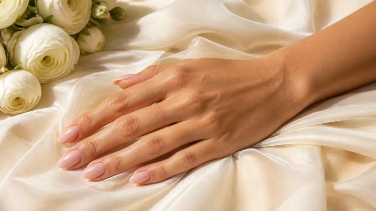 Single hand with soft blush pink polish on medium almond nails palm down on folded ivory chiffon fabric beside white ranunculus bouquet