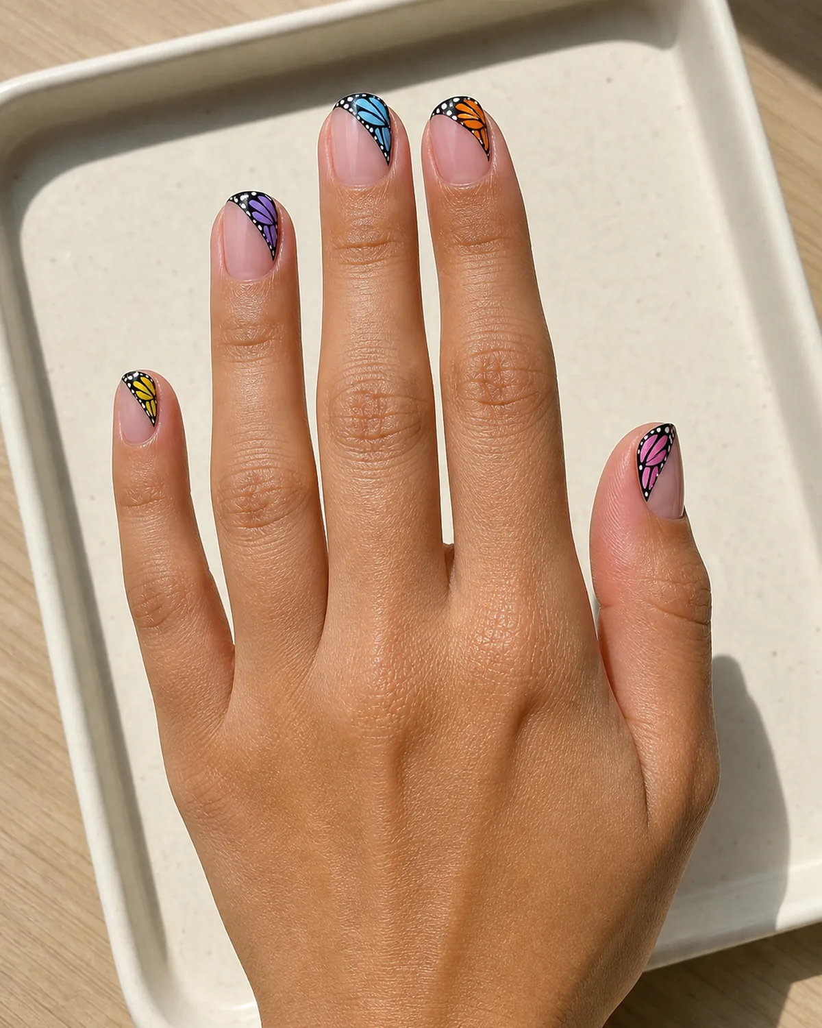 Single hand with sheer pink base nail polish on short squoval nails with colorful butterfly wing motif painted from free edge inward replacing traditional tip line resting palm-down on cream ceramic tray