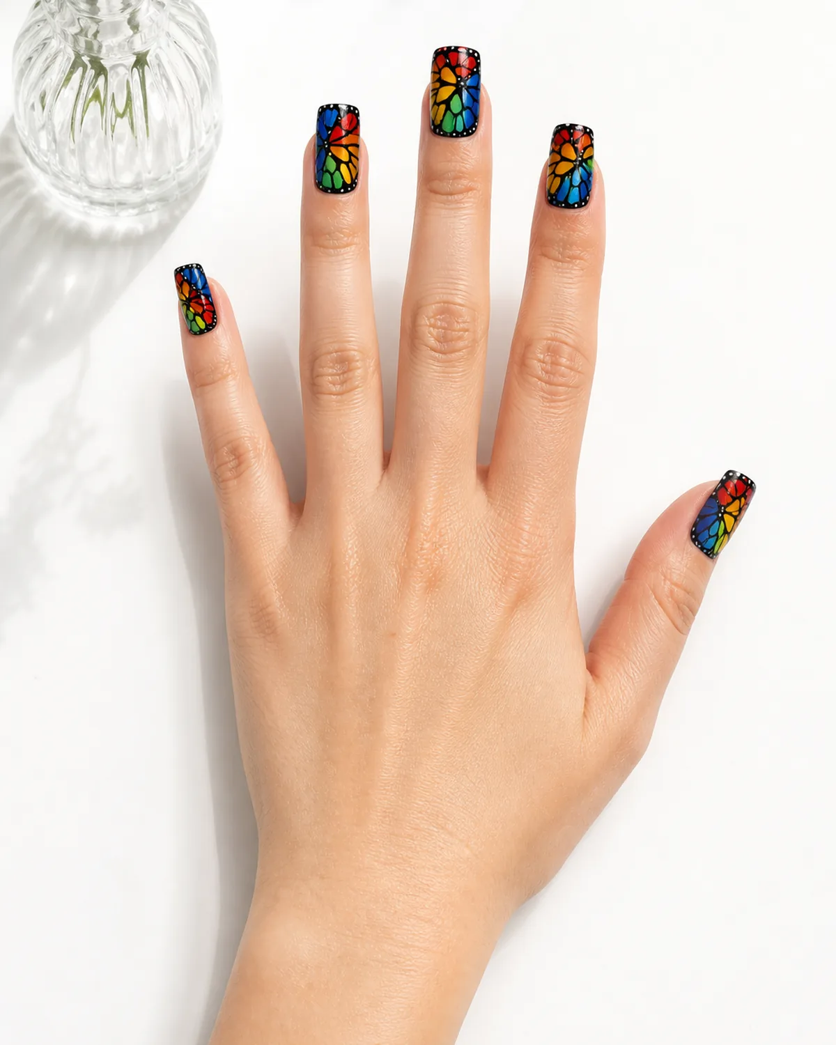 Single hand with bold stained glass butterfly wing nail art on medium square nails with sections of red blue yellow and green separated by thin black outlines resting flat on white surface