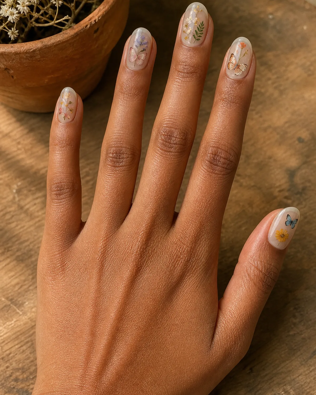 Single hand with sheer nude milky nail polish on oval nails with tiny dried-flower-style and butterfly decals embedded under gel top coat resting palm-down on warm wood surface beside small terracotta pot
