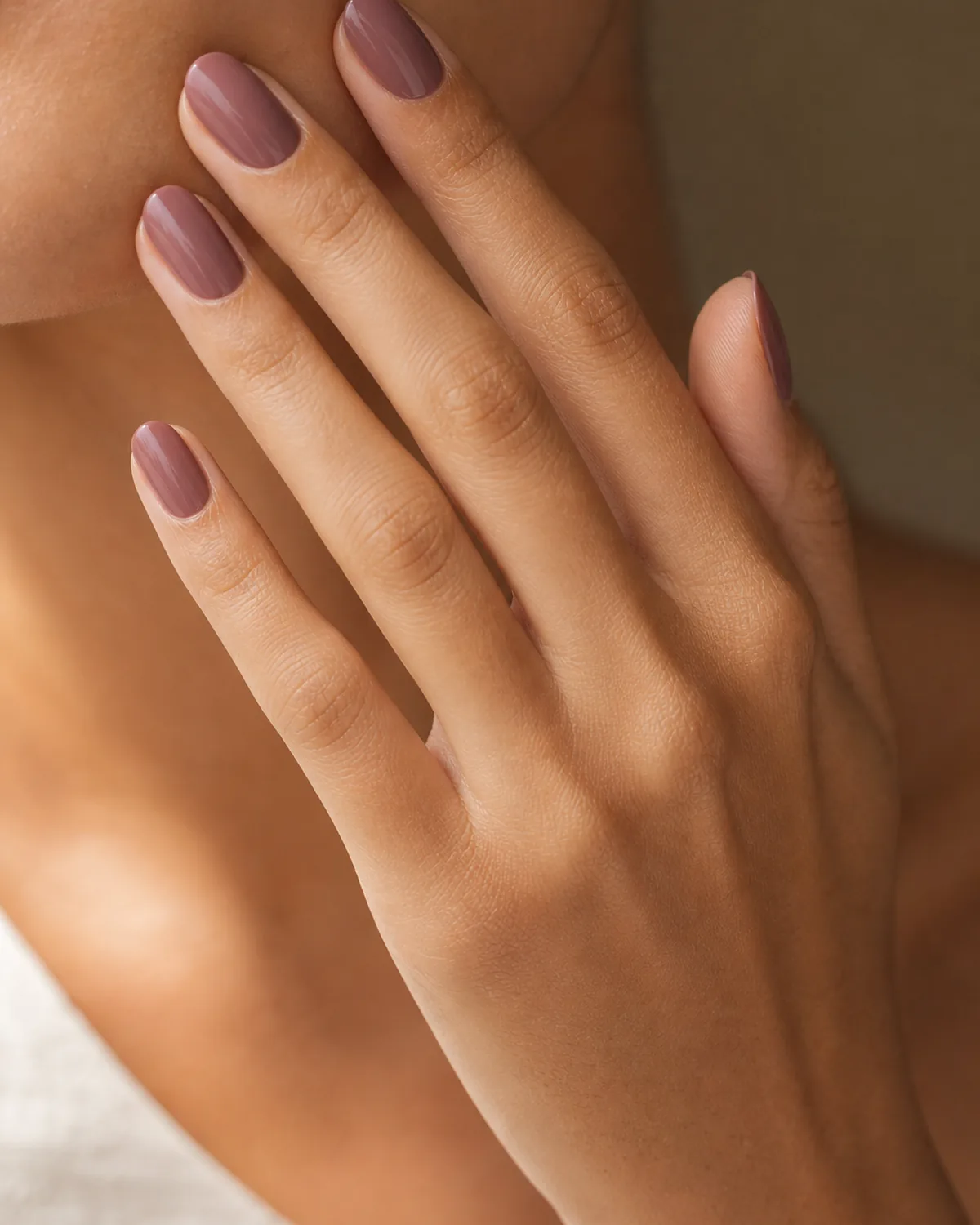 One hand near the jawline showing dusty mauve polish on medium oval nails in soft natural light