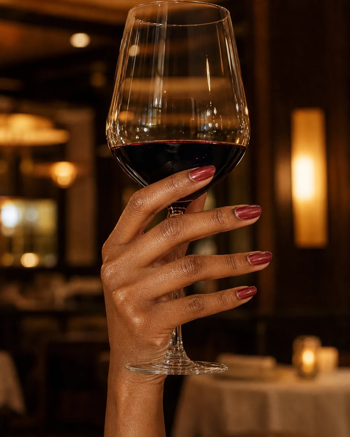 Single hand holding crystal wine glass by the stem showing sheer wine jelly polish on oval nails