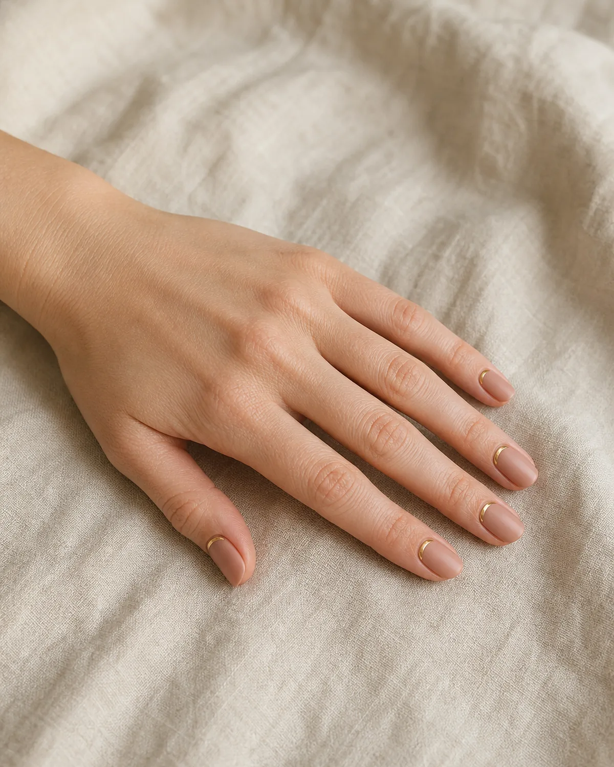Single hand relaxed on cream linen showing matte nude nails with gold foil half-moon accent at base