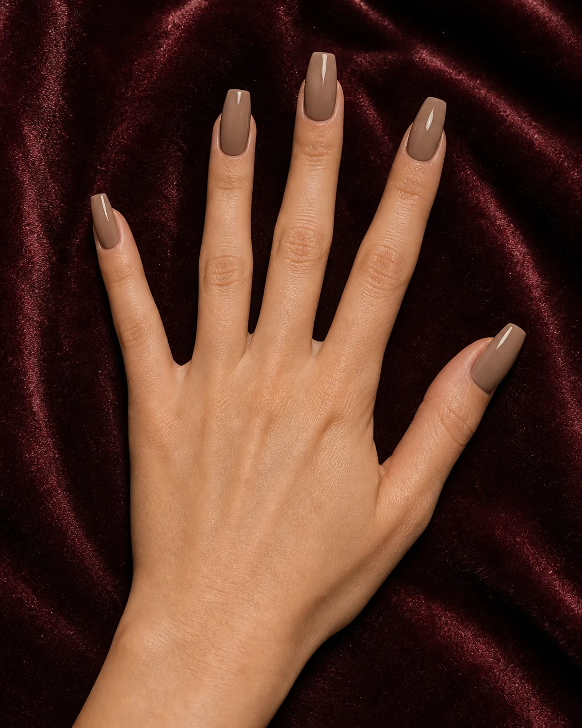 Fingers fanned against dark velvet showing warm mushroom-toned high-gloss polish on coffin nails