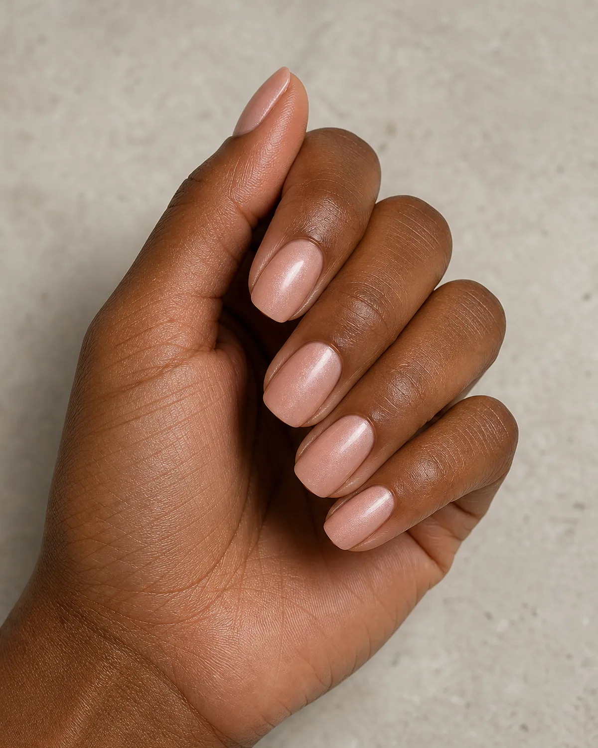 Single hand in soft claw showing nude-pink nails with micro-shimmer particles catching the light