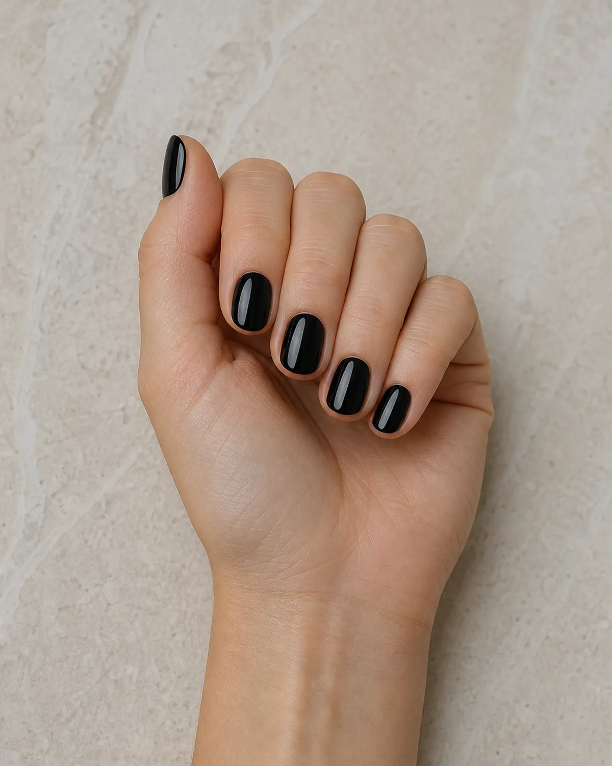 Relaxed fist with nails facing camera showing glossy black polish on short oval nails on neutral stone