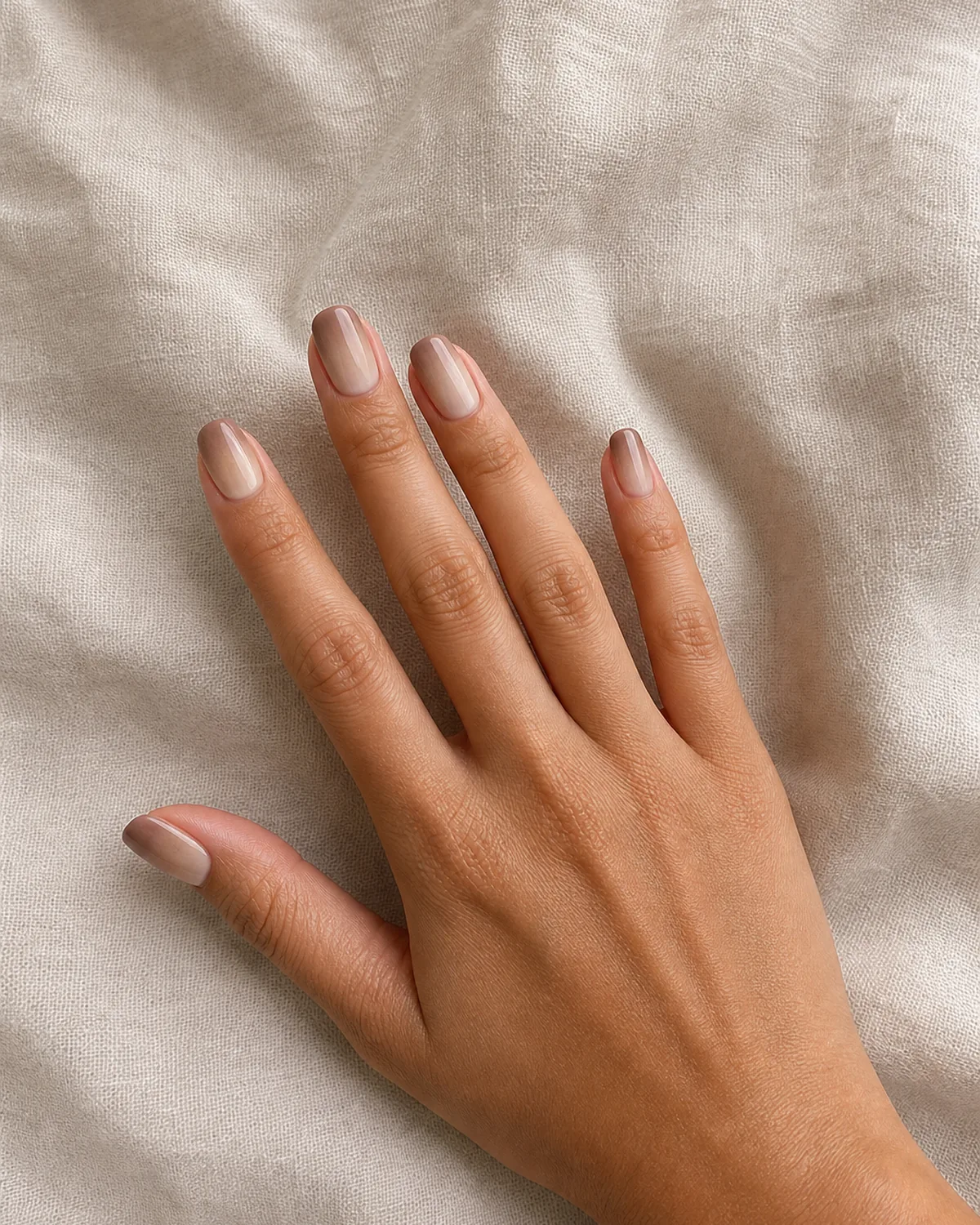 One hand reaching diagonally across cream linen showing taupe to cream gradient ombre on squoval nails