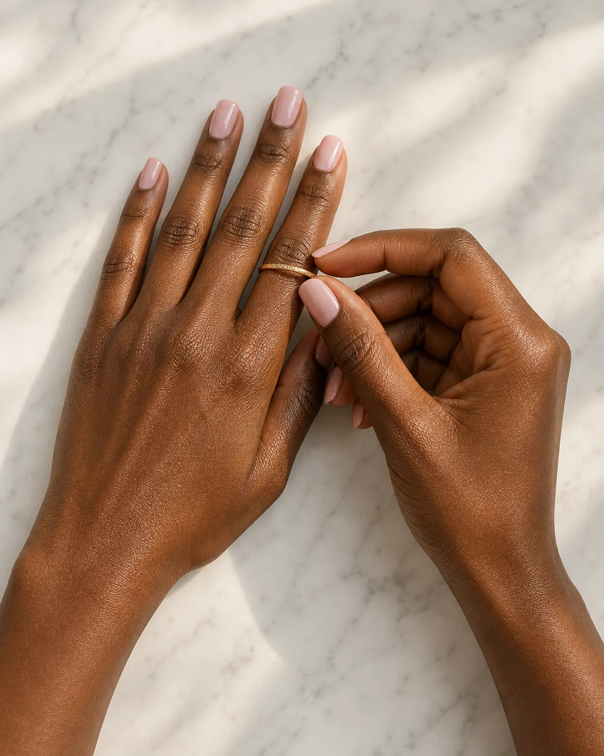 Two hands on white marble with one placing a gold ring showing classic pale pink high-shine squoval nails
