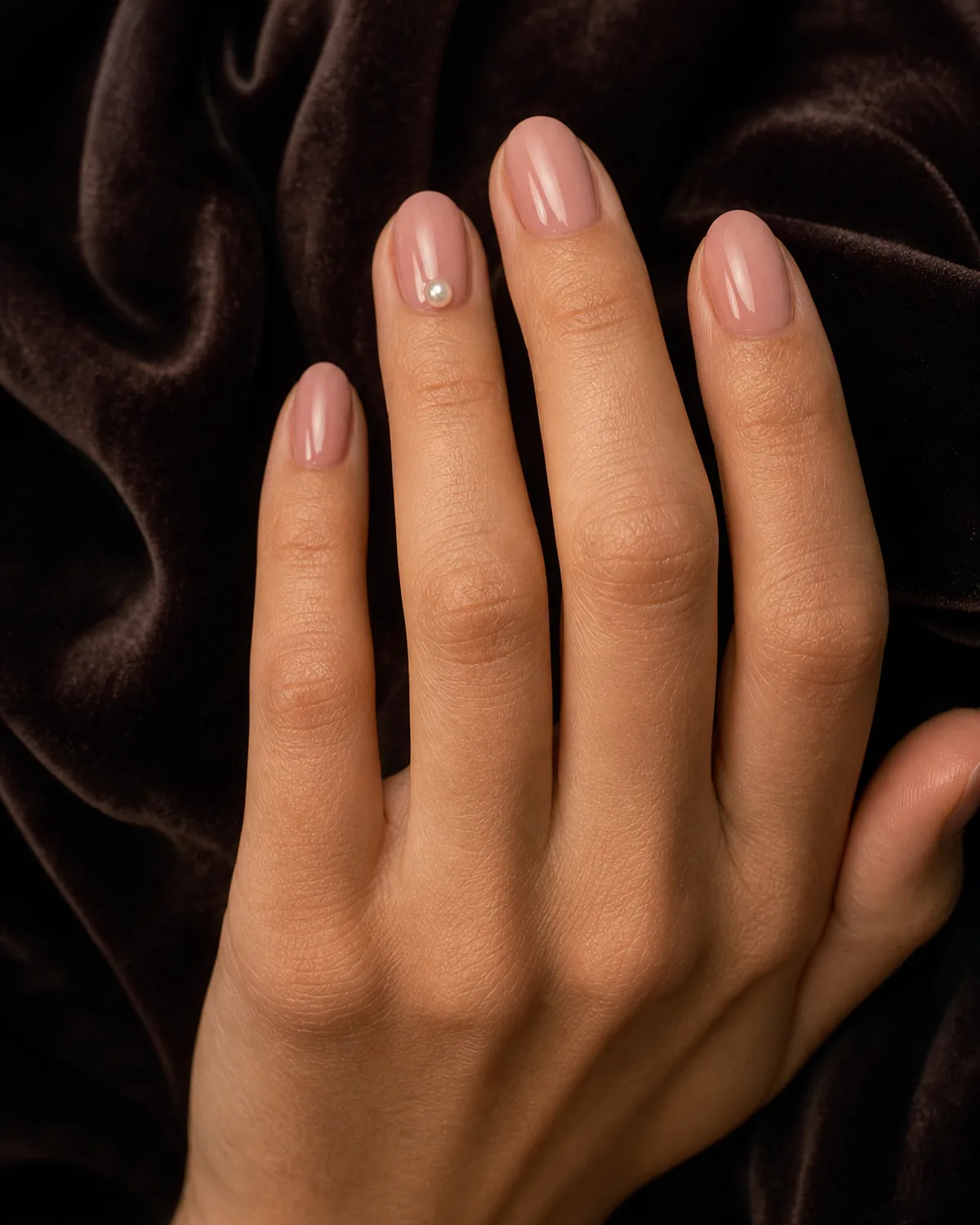 Close-up of fingertips on dark velvet showing warm blush nails with single flat pearl accent on ring finger