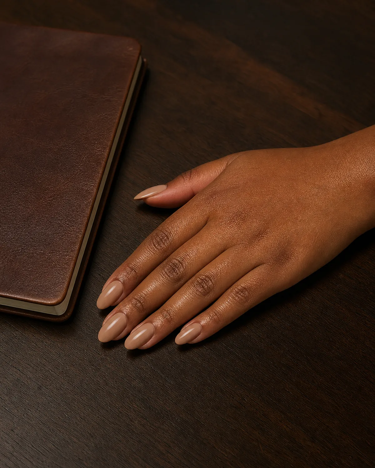 Single hand resting on dark wood desk beside leather notebook showing warm nude satin finish almond nails