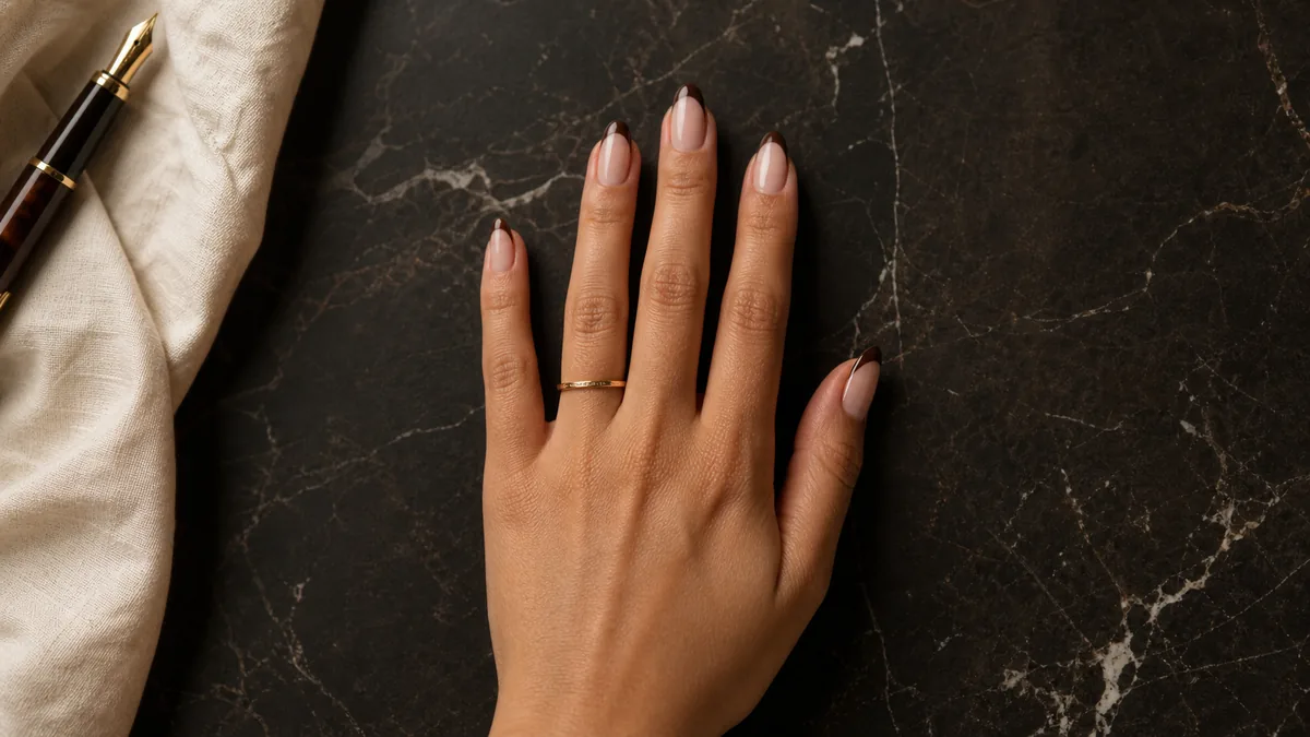 Single hand with chocolate French tip nails on dark marble beside vintage pen and gold ring