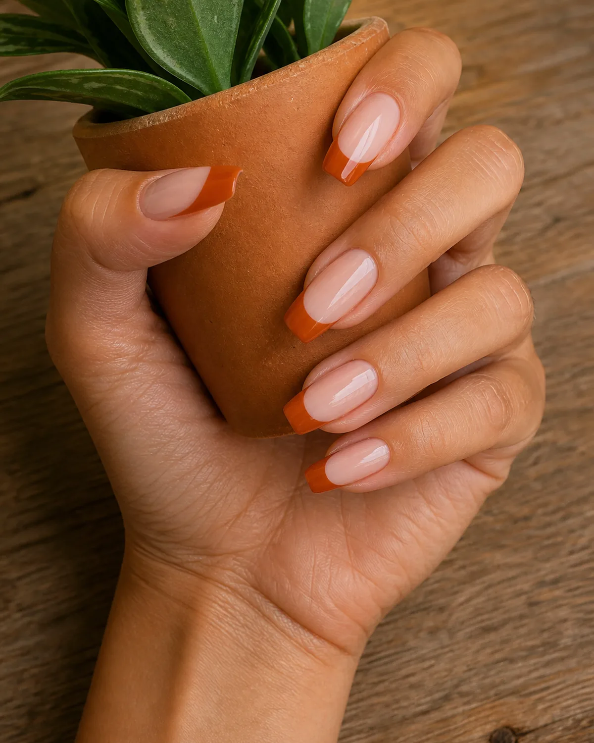 Single hand with burnt orange colored french tips on coffin nails curled around a small terracotta pot on a wooden surface