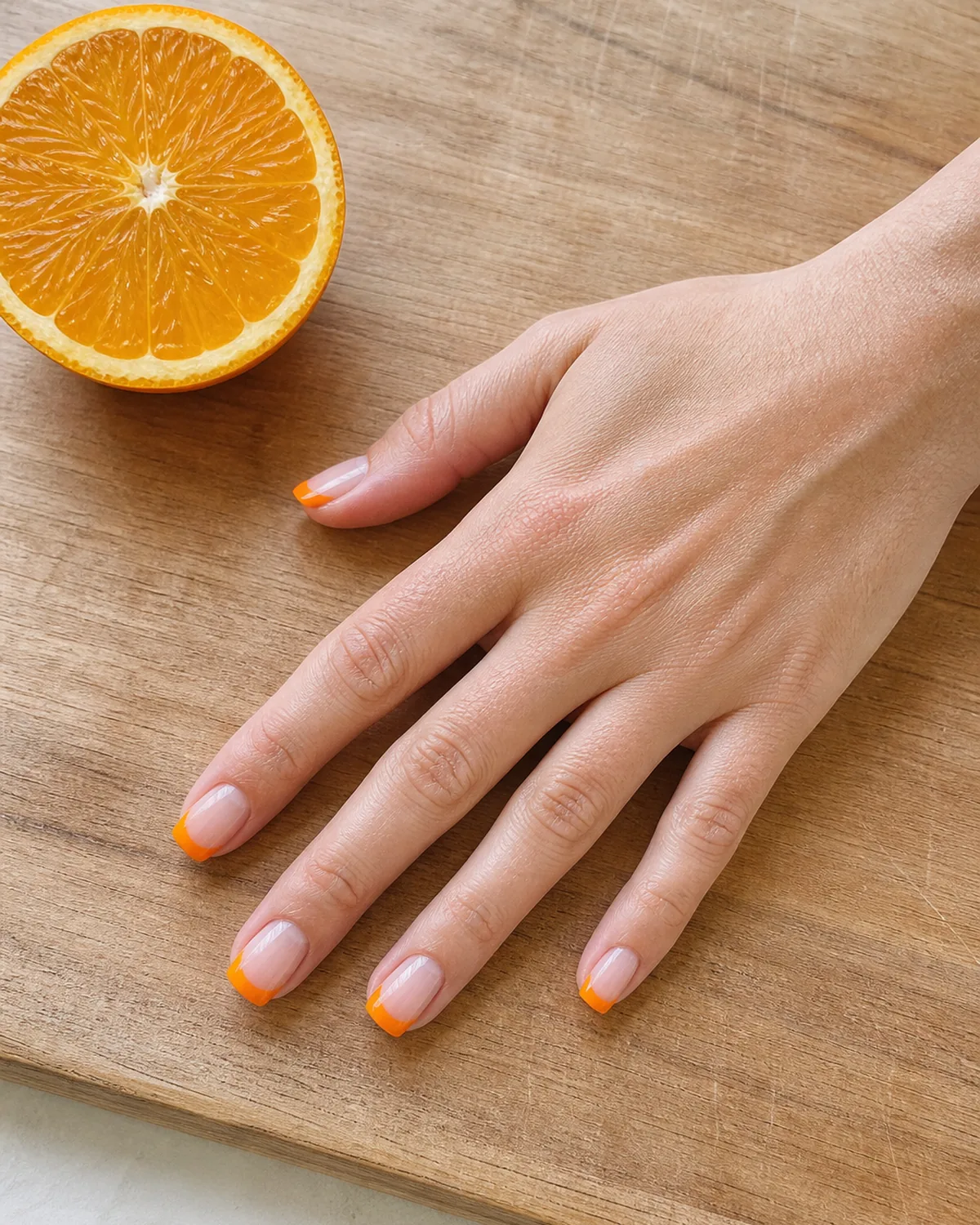 Single hand with bright tangerine orange colored french tips on squoval nails resting flat on a wooden cutting board beside a halved orange