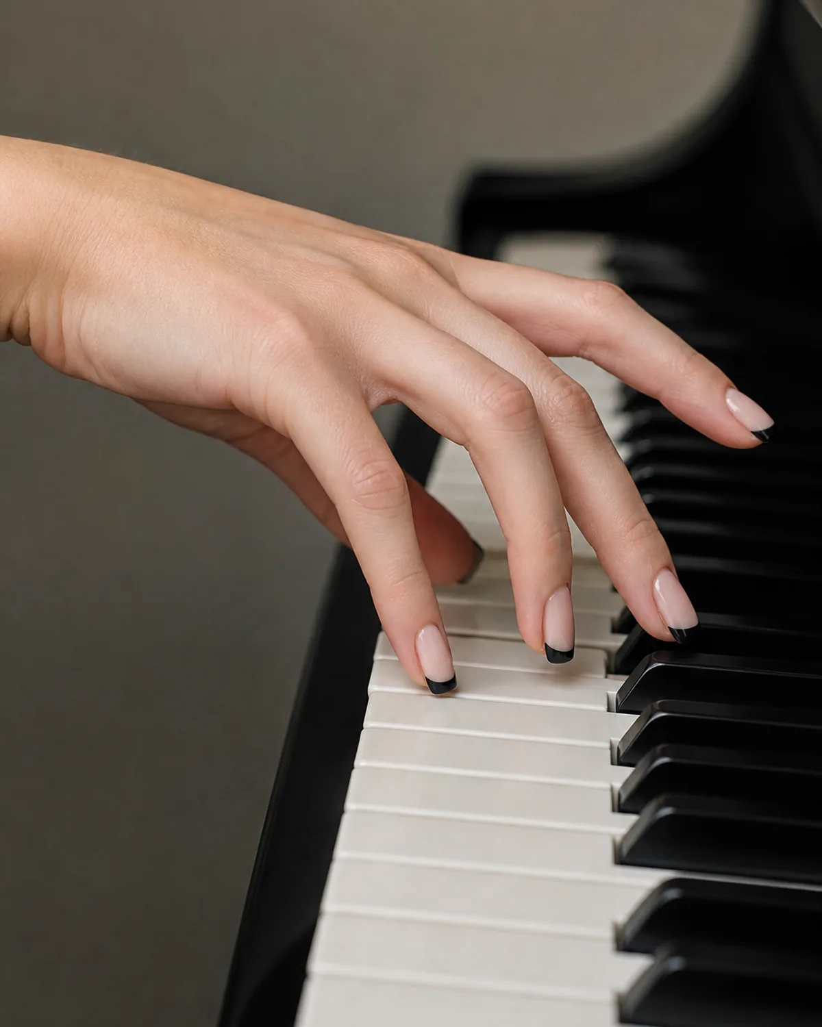 Single hand with sharp black colored french tips on short coffin nails pressing piano keys