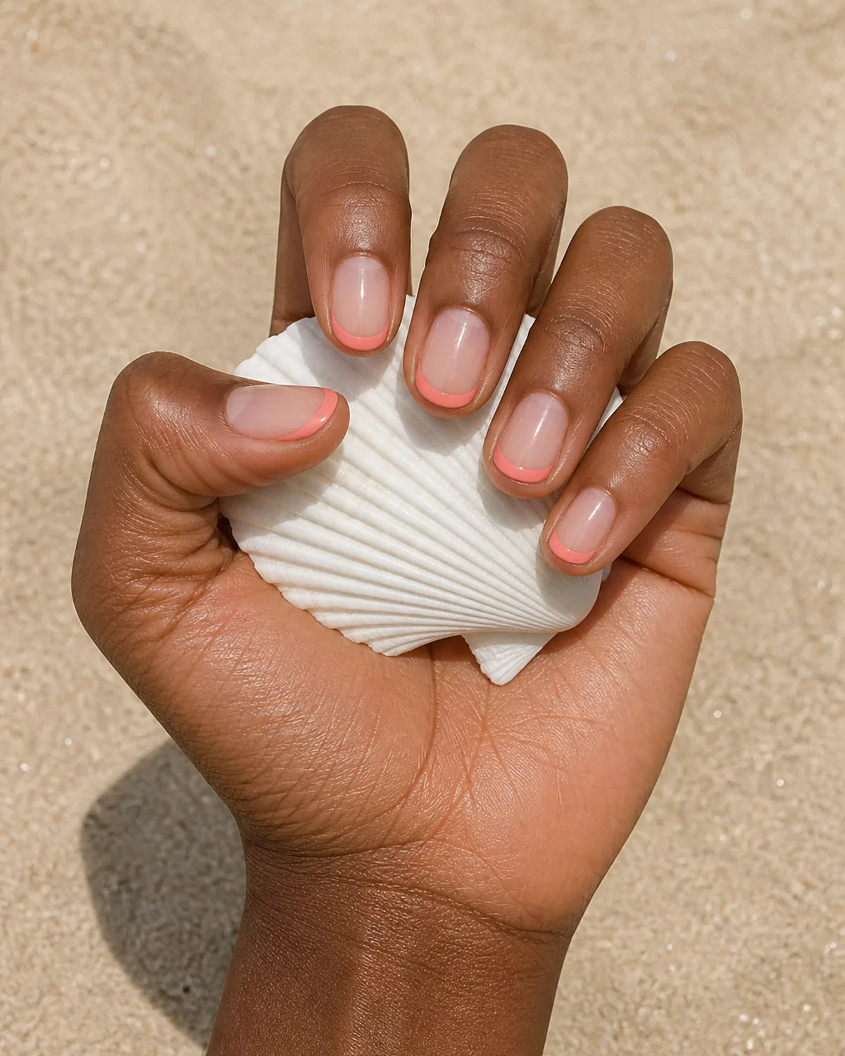 Single hand with warm coral colored french tips on short oval nails holding a white seashell against sandy background