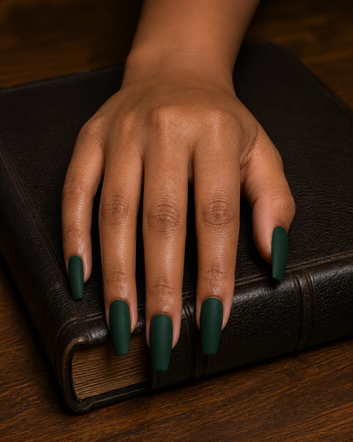 Single hand with classic hunter green velvety matte nail polish on long coffin shaped nails draped over edge of dark leather-bound book on walnut desk