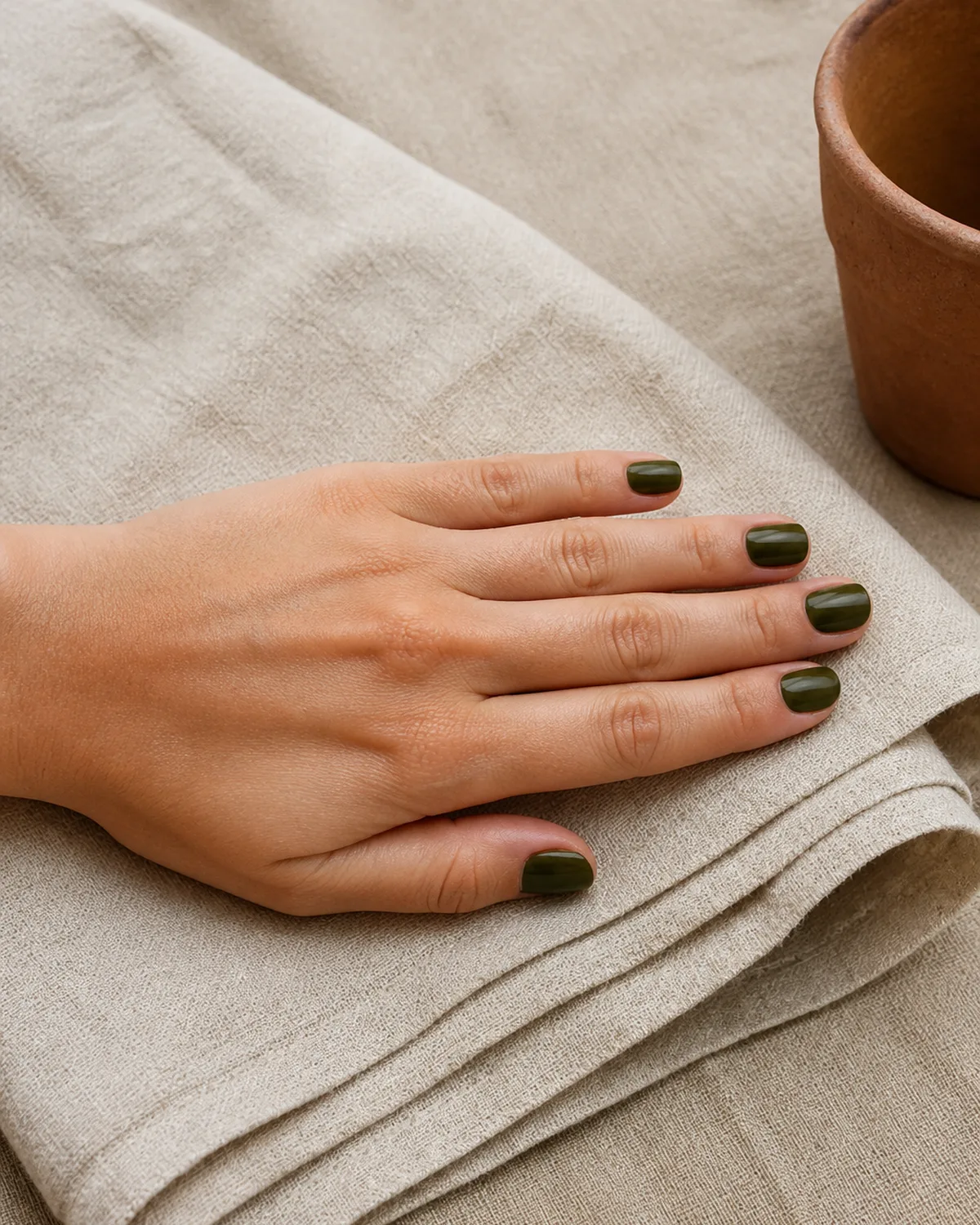 Single hand with dark olive green nail polish with subtle brown undertones on short squoval shaped nails resting flat on folded natural linen towel beside small terracotta pot